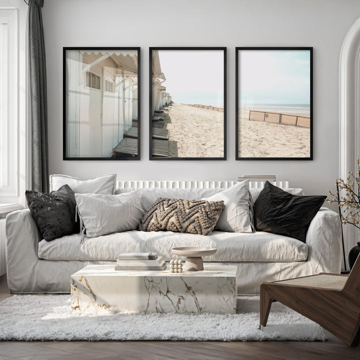 White Beach Cabins coastal artwork prints - Black Framed Poster No Border - Artworksets