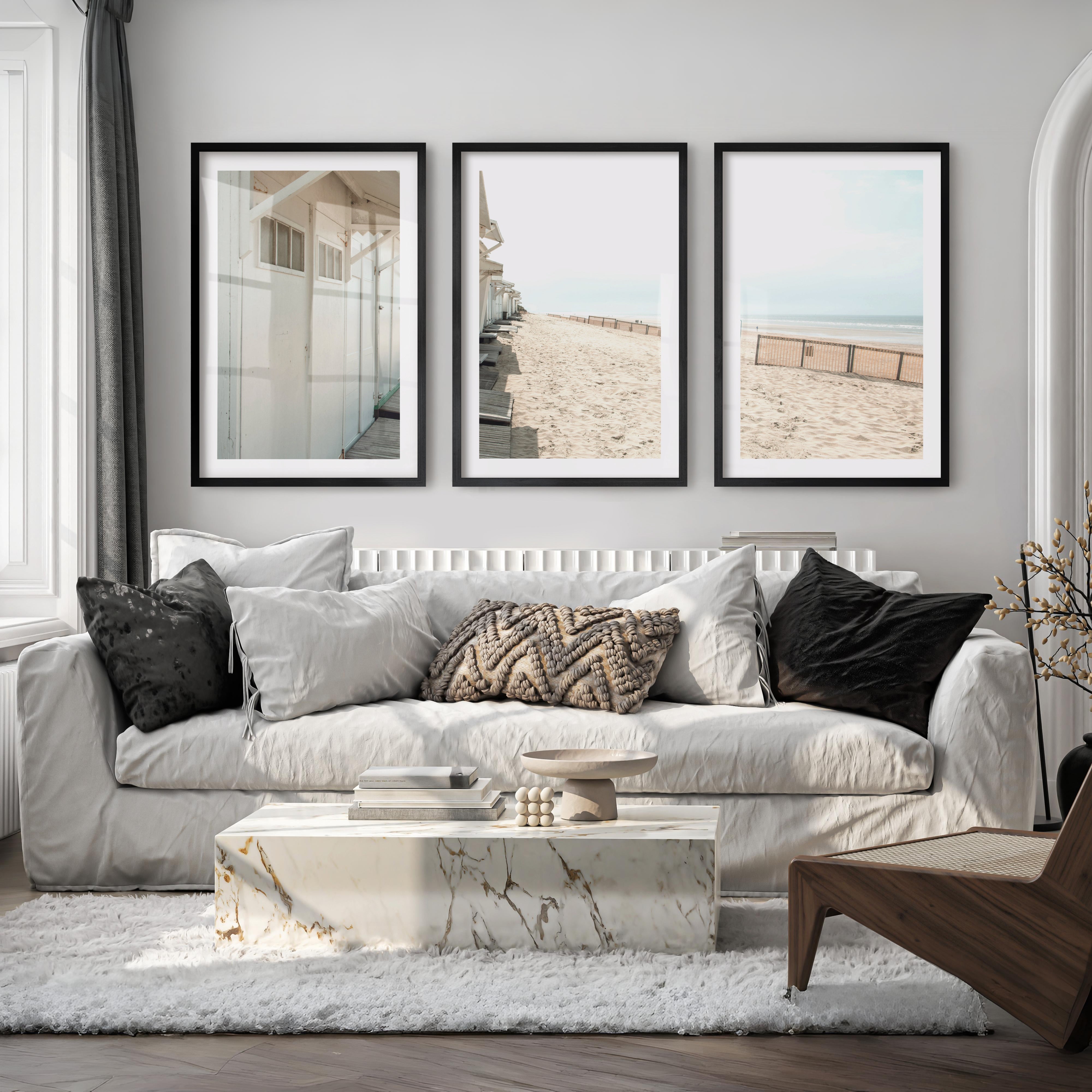 White Beach Cabins coastal artwork prints - Black Framed Poster with White Border - Artworksets