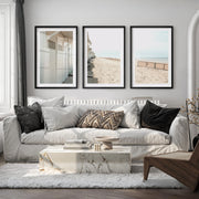 White Beach Cabins coastal artwork prints - Black Framed Poster with White Border - Artworksets