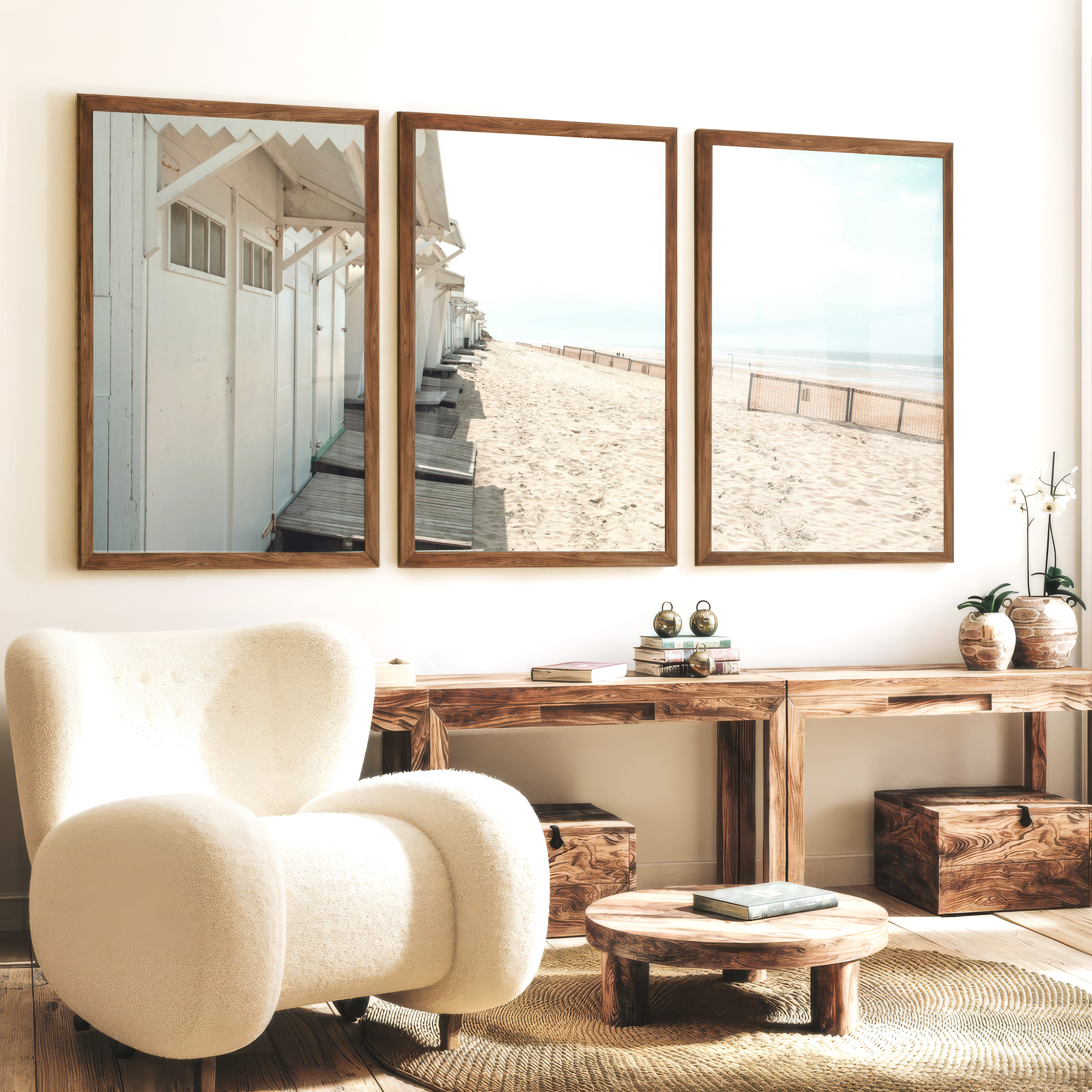 White Beach Cabins coastal artwork prints - Dark Brown Framed Poster No Border - Artworksets