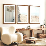 White Beach Cabins coastal artwork prints - Dark Brown Framed Poster with White Border - Artworksets