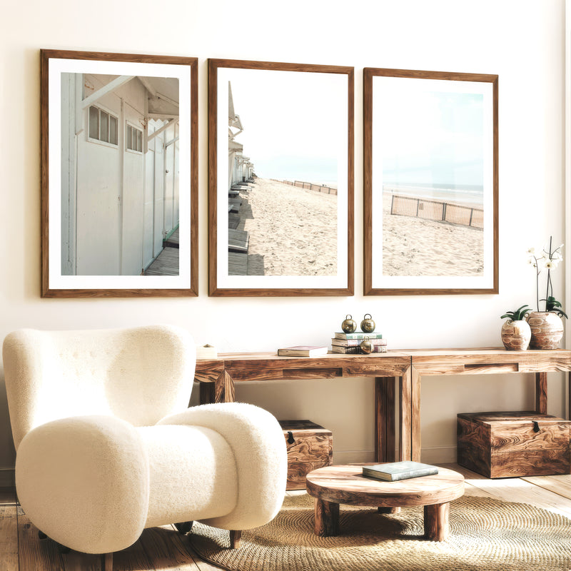 White Beach Cabins coastal artwork prints - Dark Brown Framed Poster with White Border - Artworksets