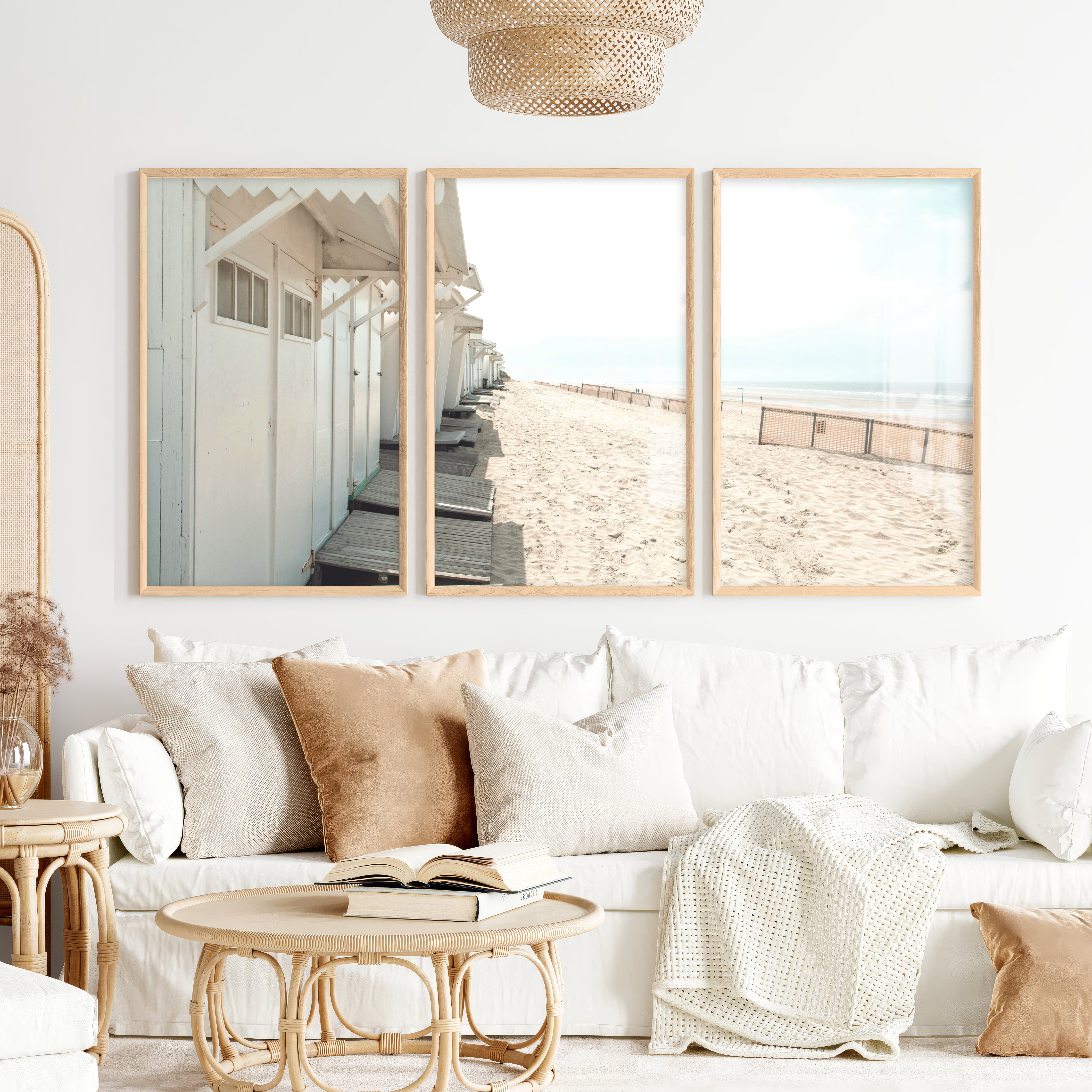 White Beach Cabins coastal artwork prints - Natural Wood Framed Poster No Border - Artworksets