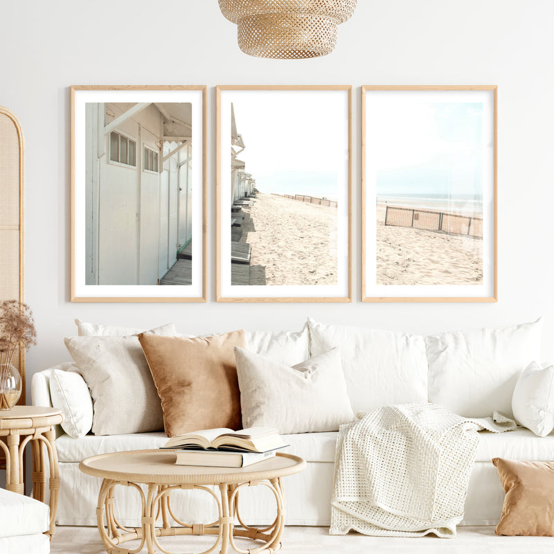 White Beach Cabins coastal artwork prints- Natural Wood Framed Poster with White Border - Artworksets