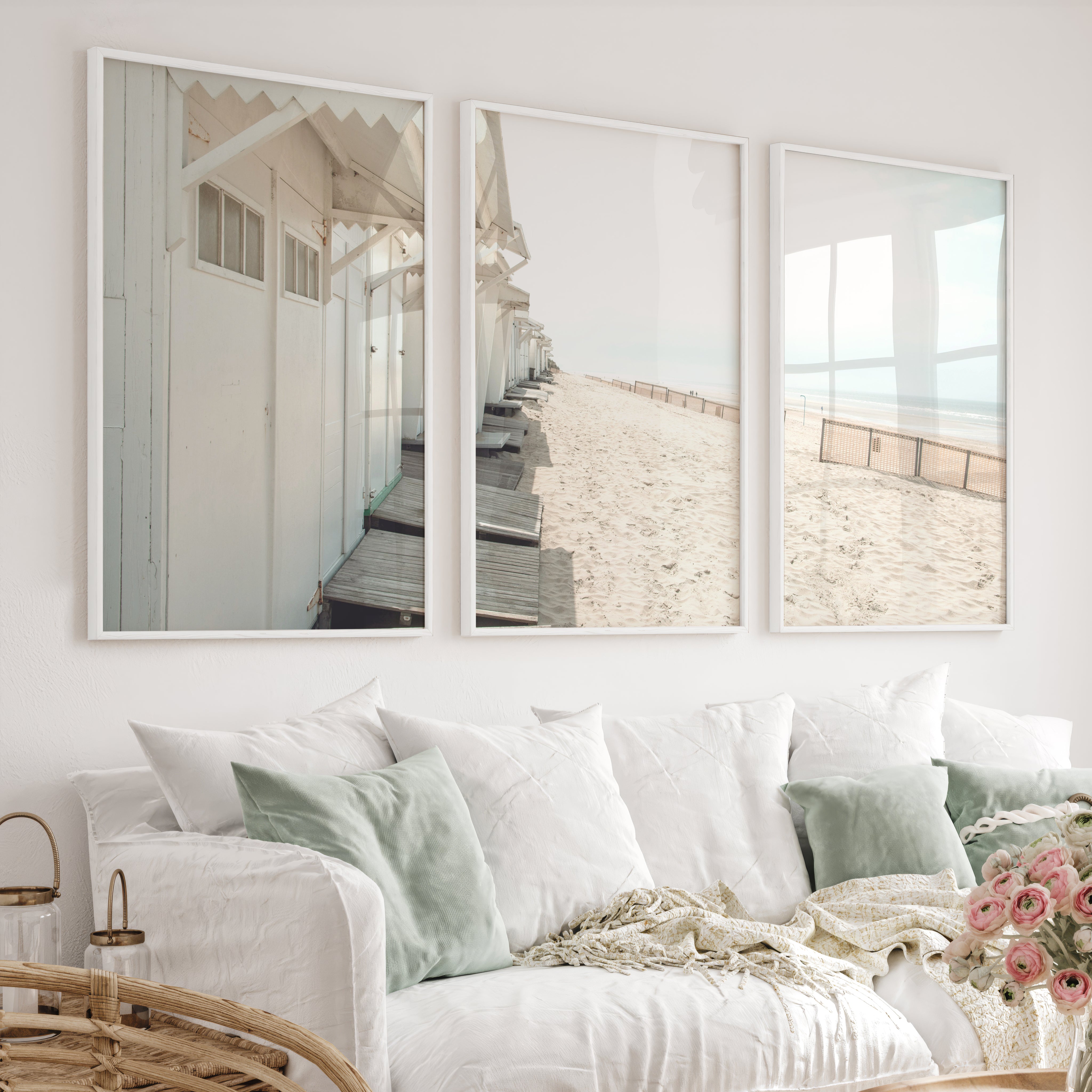 White Beach Cabins coastal artwork prints - White Framed Poster No Border - Artworksets