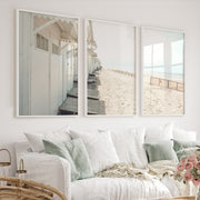 White Beach Cabins coastal artwork prints - White Framed Poster No Border - Artworksets