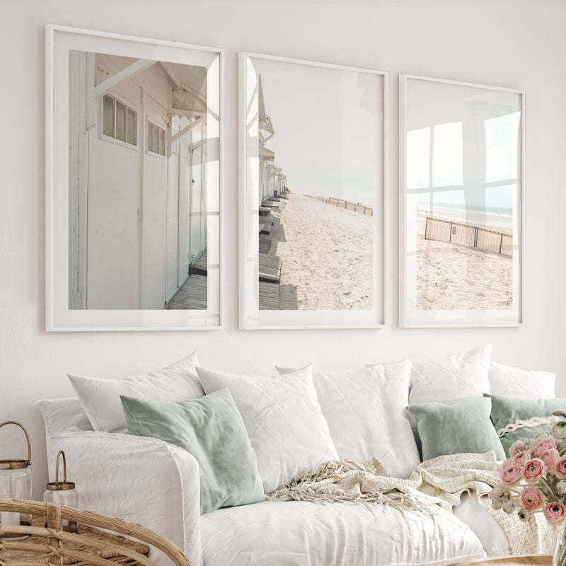 White Beach Cabins coastal artwork prints - White Framed Poster with White Border - Artworksets