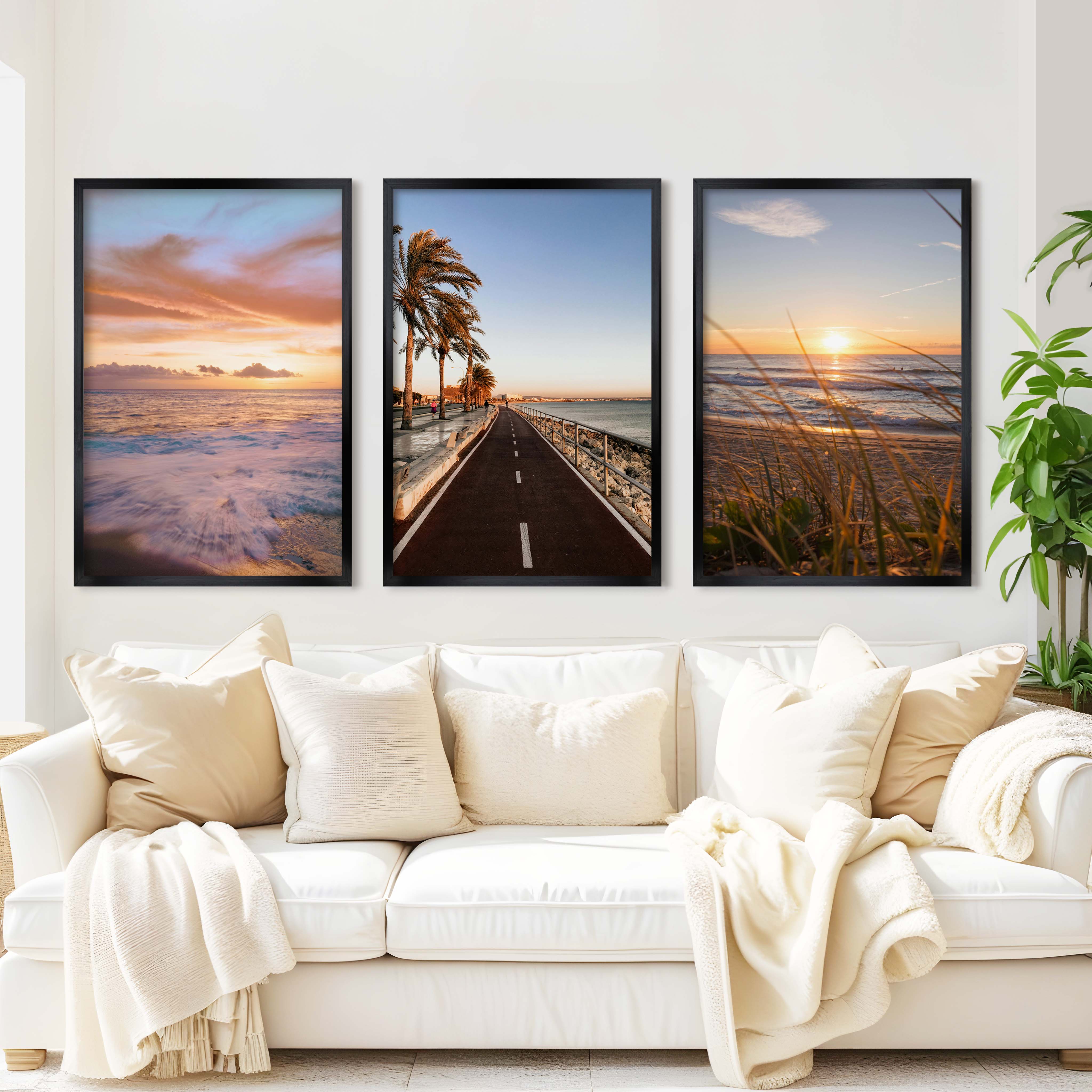 Coastal Artwork Prints – Golden Sunset, Beach Path, Ocean Horizon (Set of 3) - Black Framed Poster No Border - Artworksets