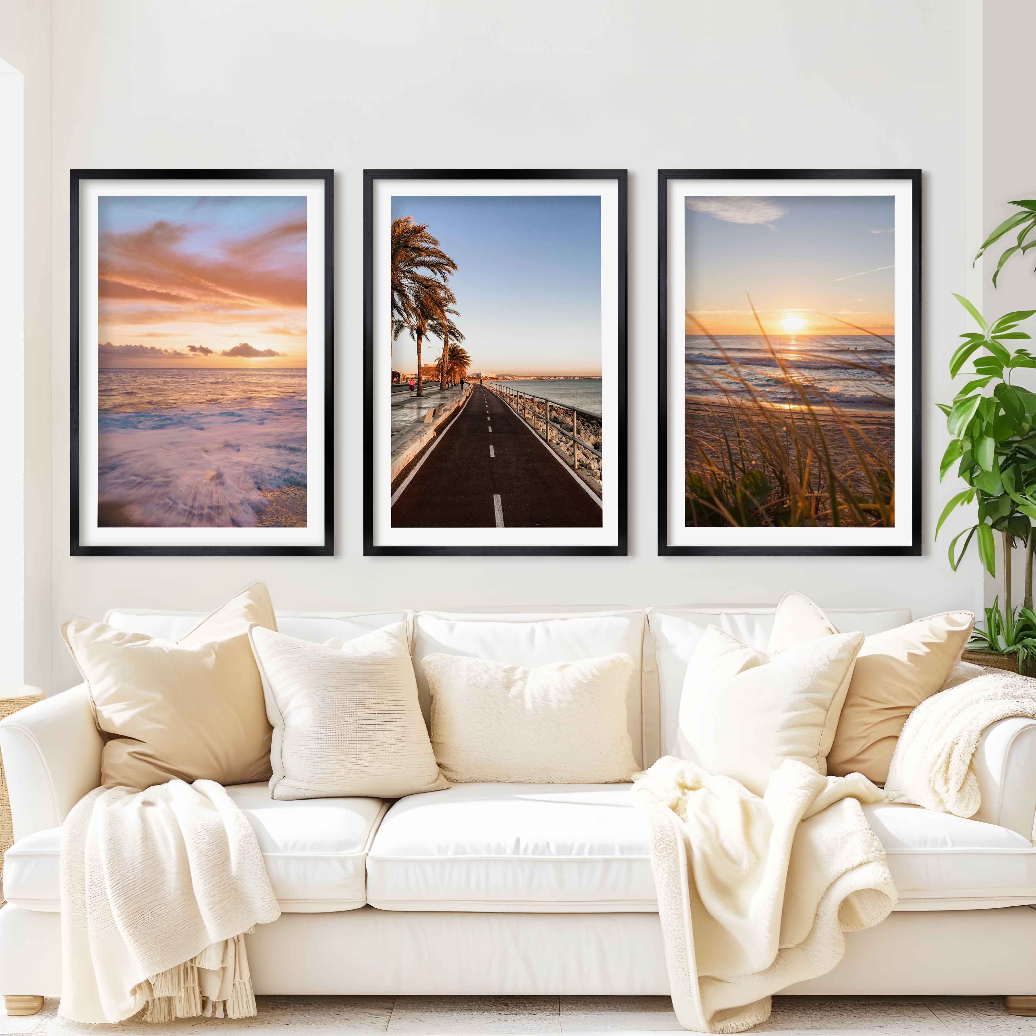 Coastal Artwork Prints – Golden Sunset, Beach Path, Ocean Horizon (Set of 3) - Black Framed Poster with White Border - Artworksets