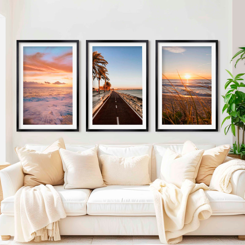 Coastal Artwork Prints – Golden Sunset, Beach Path, Ocean Horizon (Set of 3) - Black Framed Poster with White Border - Artworksets