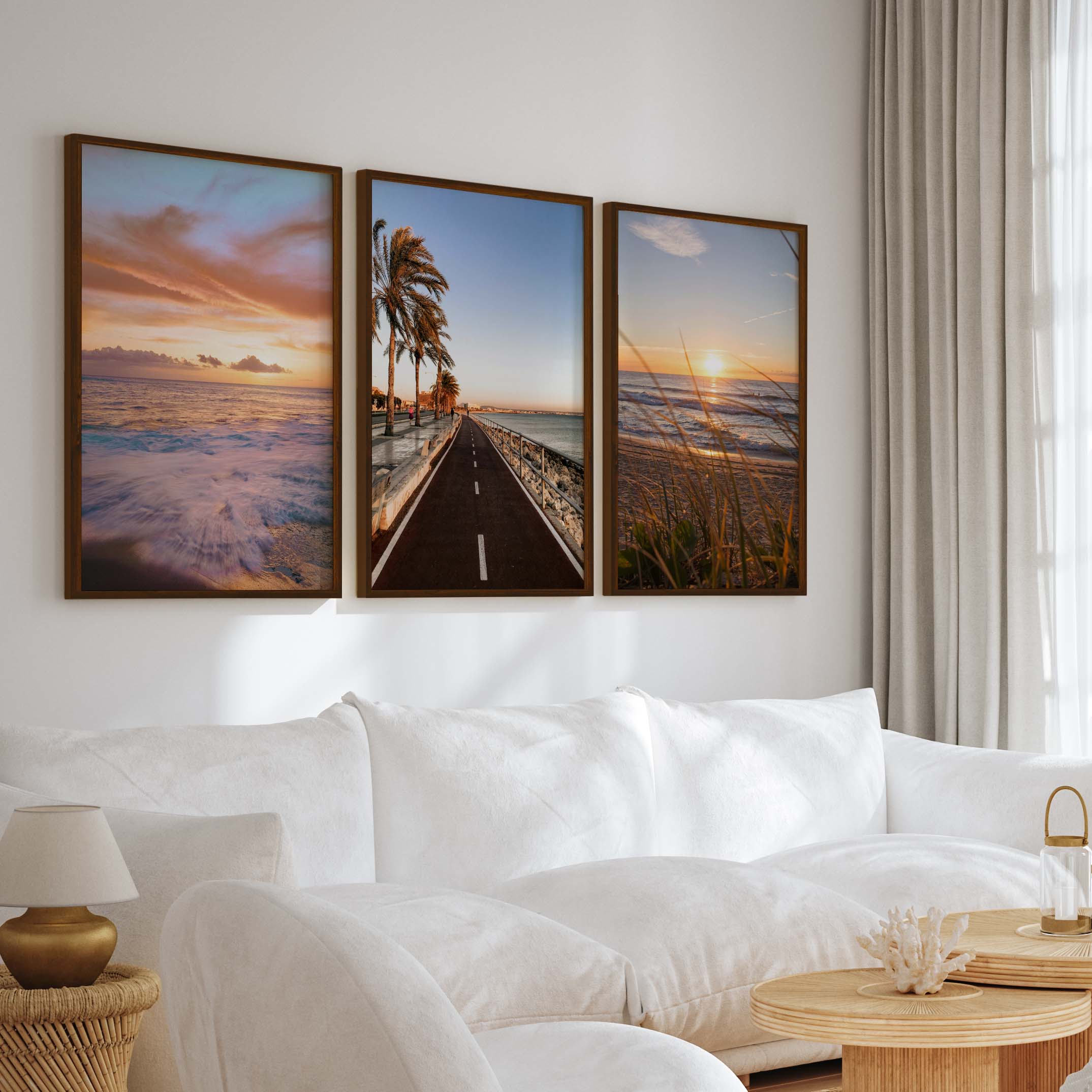 Coastal Artwork Prints – Golden Sunset, Beach Path, Ocean Horizon (Set of 3) - Dark Brown Framed Poster No Border - Artworksets