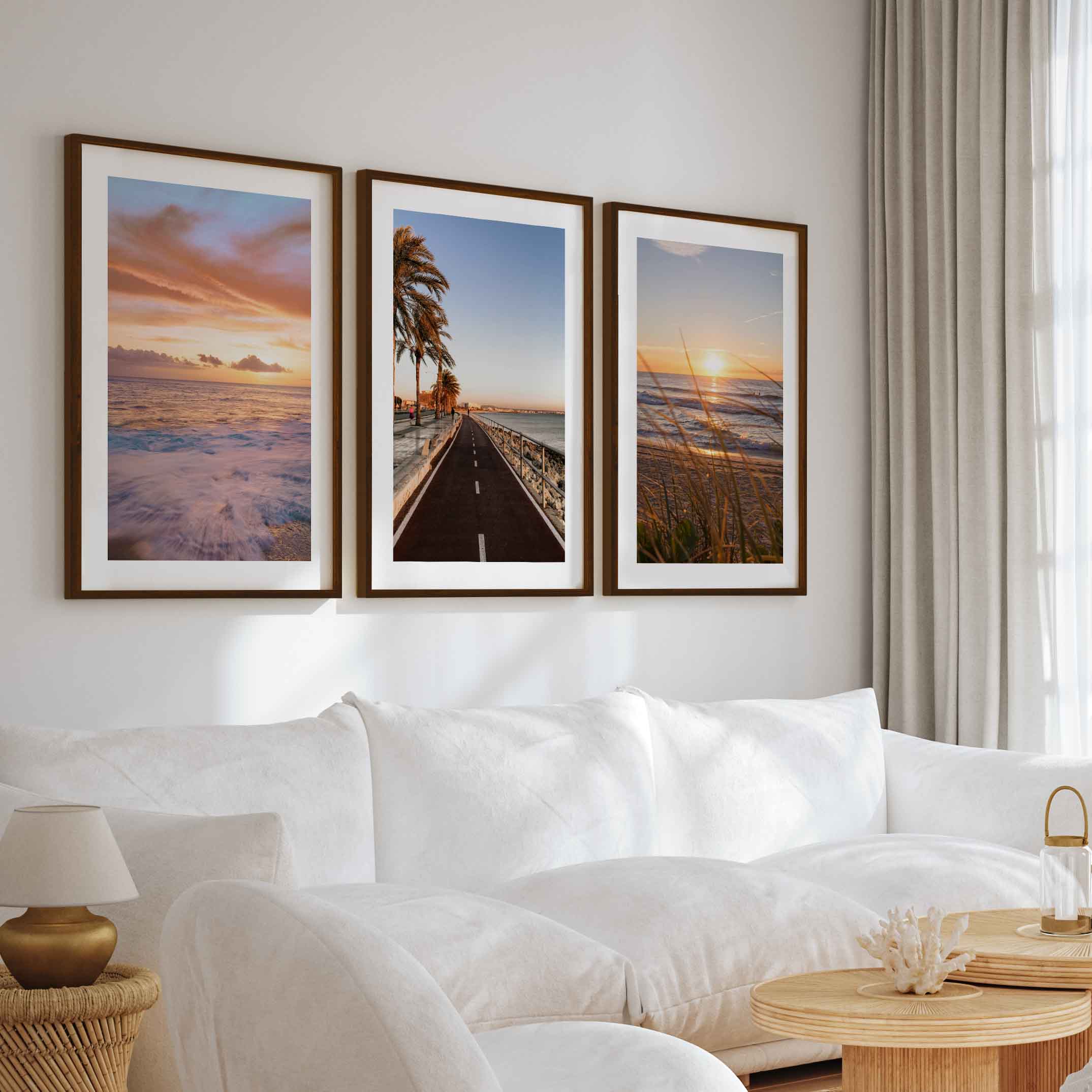 Coastal Artwork Prints – Golden Sunset, Beach Path, Ocean Horizon (Set of 3) - Dark Brown Framed Poster with White Border - Artworksets