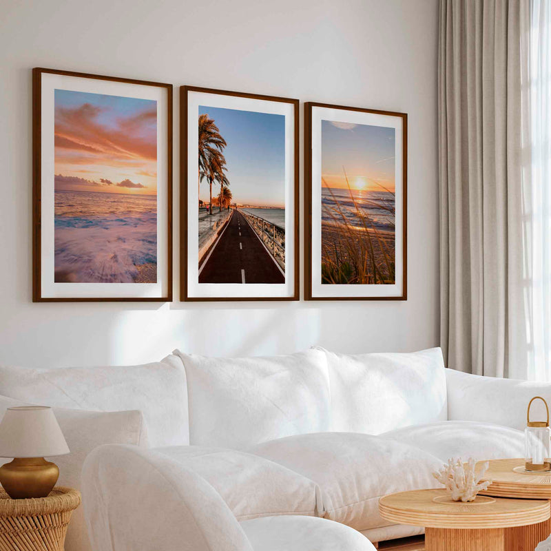 Coastal Artwork Prints – Golden Sunset, Beach Path, Ocean Horizon (Set of 3) - Dark Brown Framed Poster with White Border - Artworksets