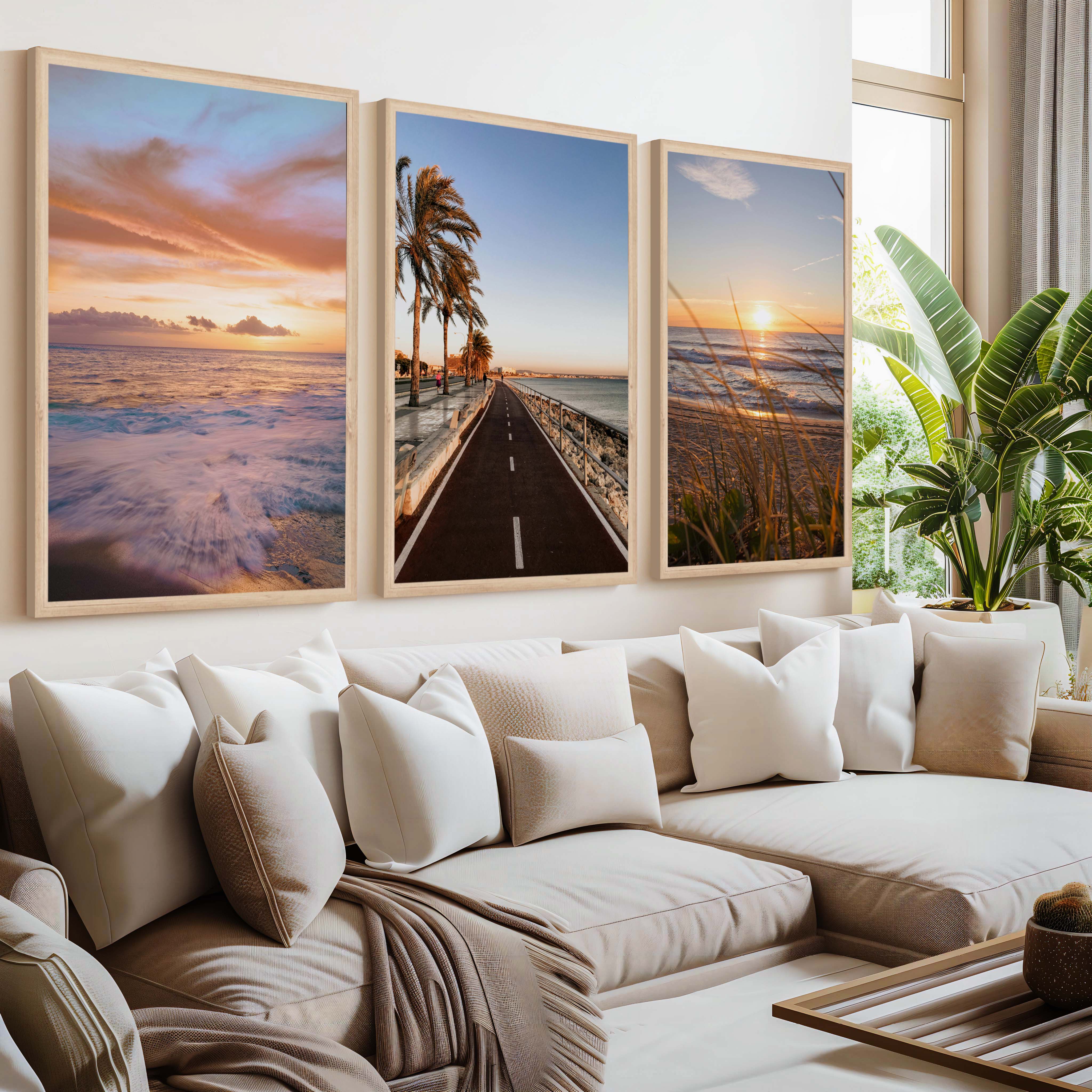 Coastal Artwork Prints – Golden Sunset, Beach Path, Ocean Horizon (Set of 3) - Natural Wood Framed Poster No Border - Artworksets