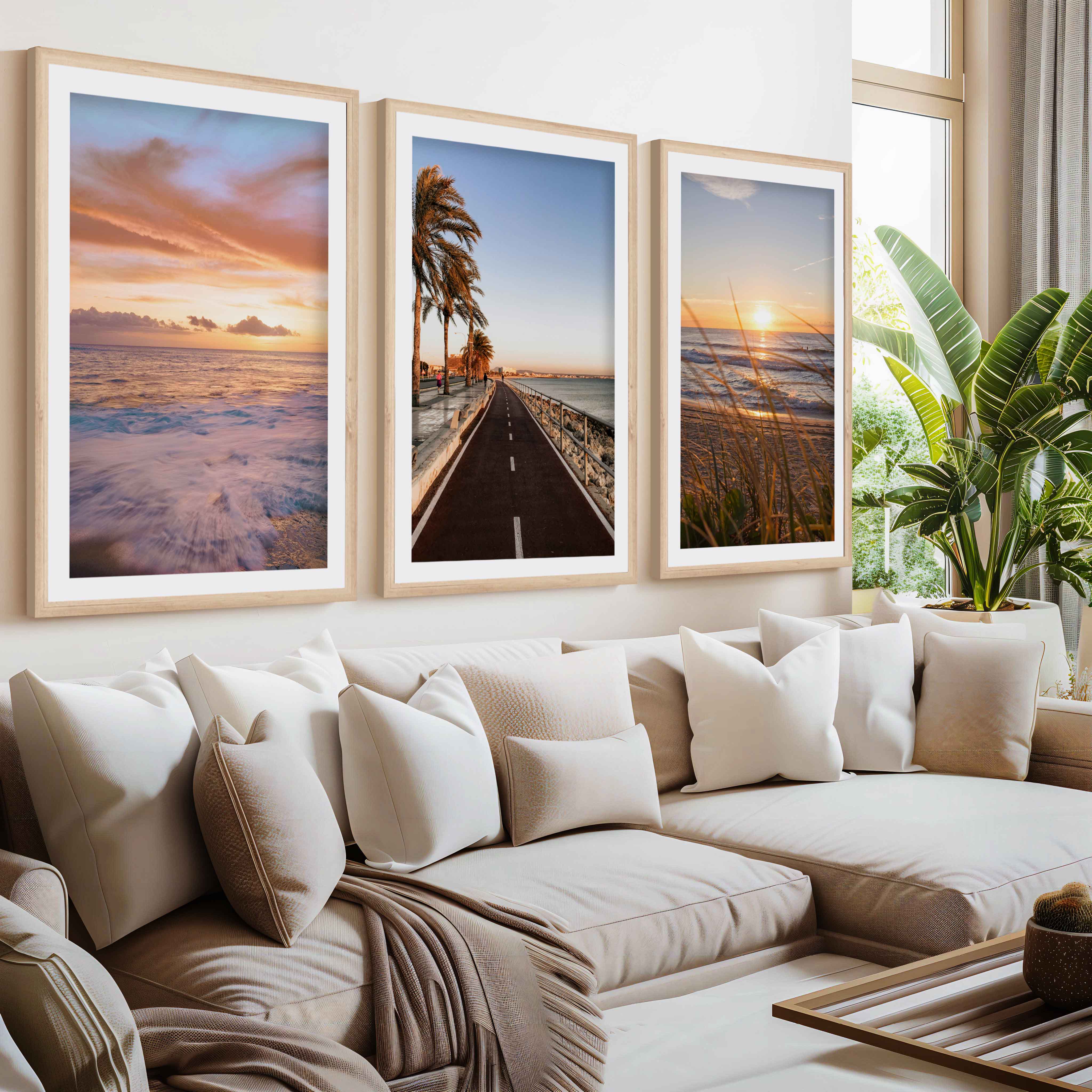 Coastal Artwork Prints – Golden Sunset, Beach Path, Ocean Horizon (Set of 3)- Natural Wood Framed Poster with White Border - Artworksets