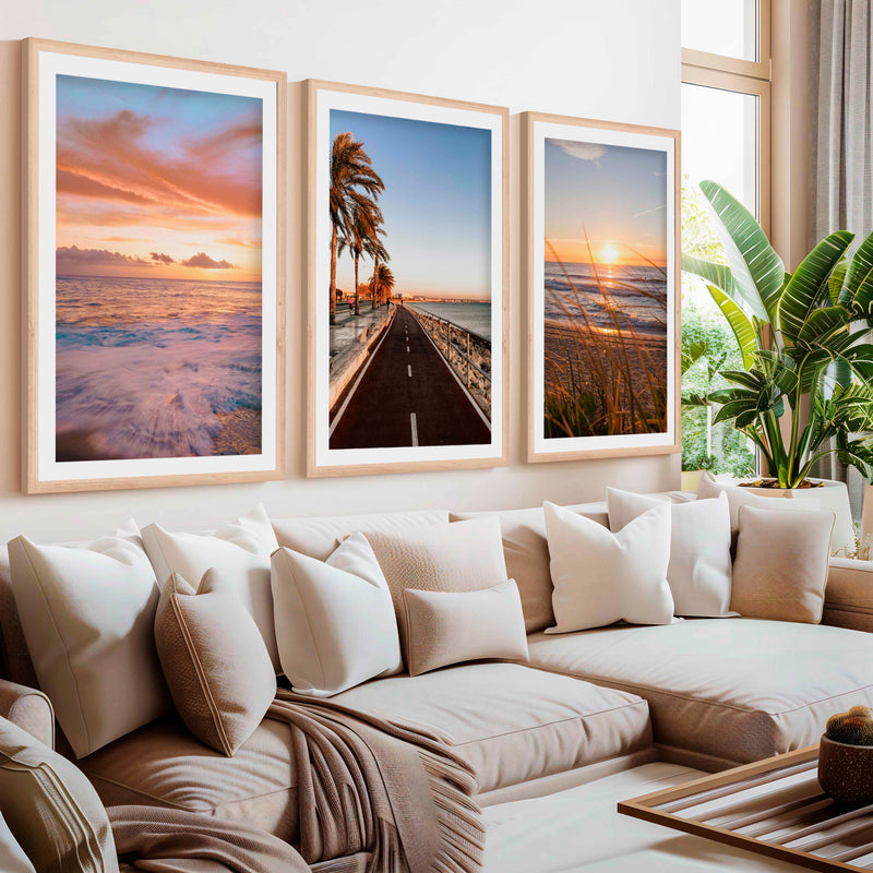 Coastal Artwork Prints – Golden Sunset, Beach Path, Ocean Horizon (Set of 3)- Natural Wood Framed Poster with White Border - Artworksets