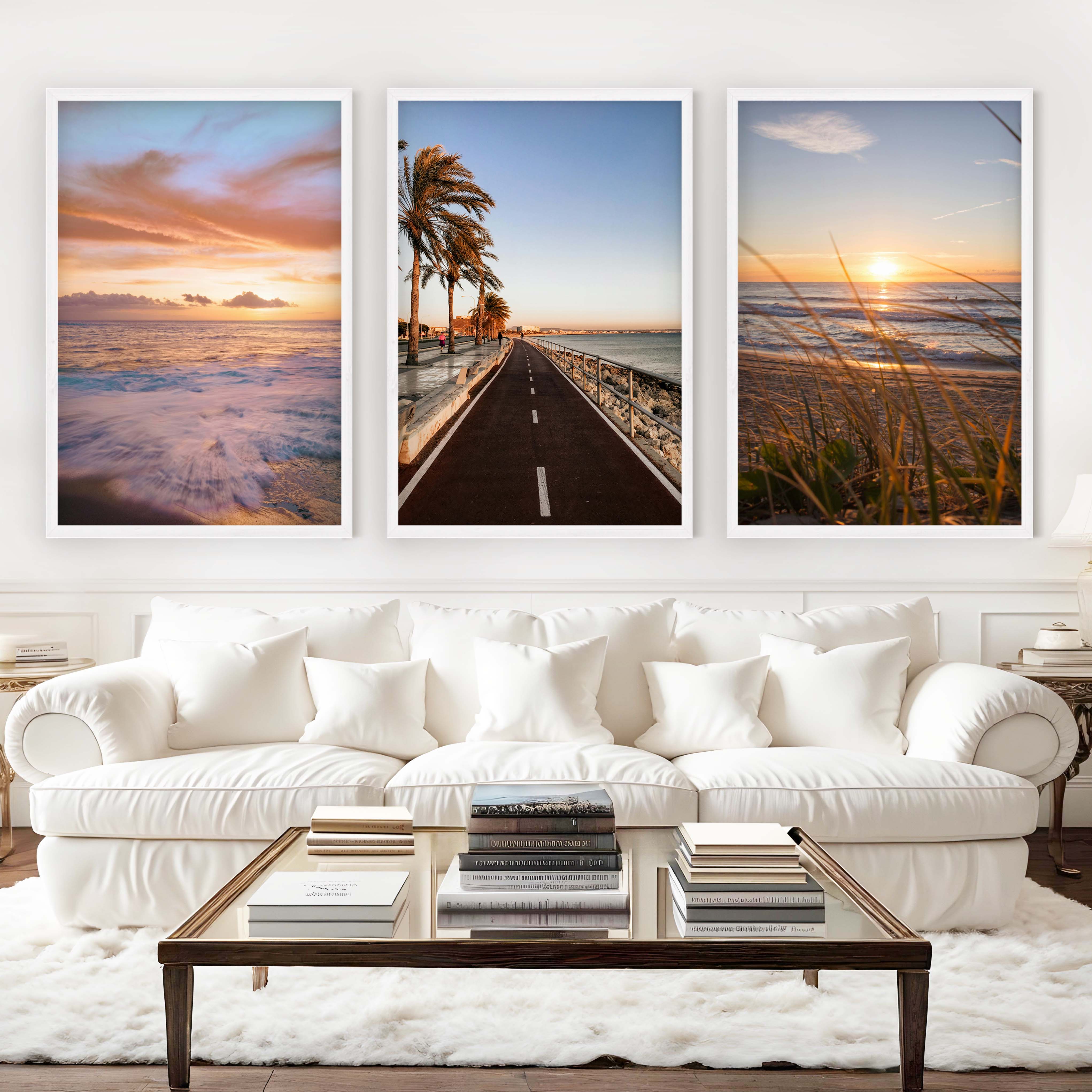 Coastal Artwork Prints – Golden Sunset, Beach Path, Ocean Horizon (Set of 3) - White Framed Poster No Border - Artworksets