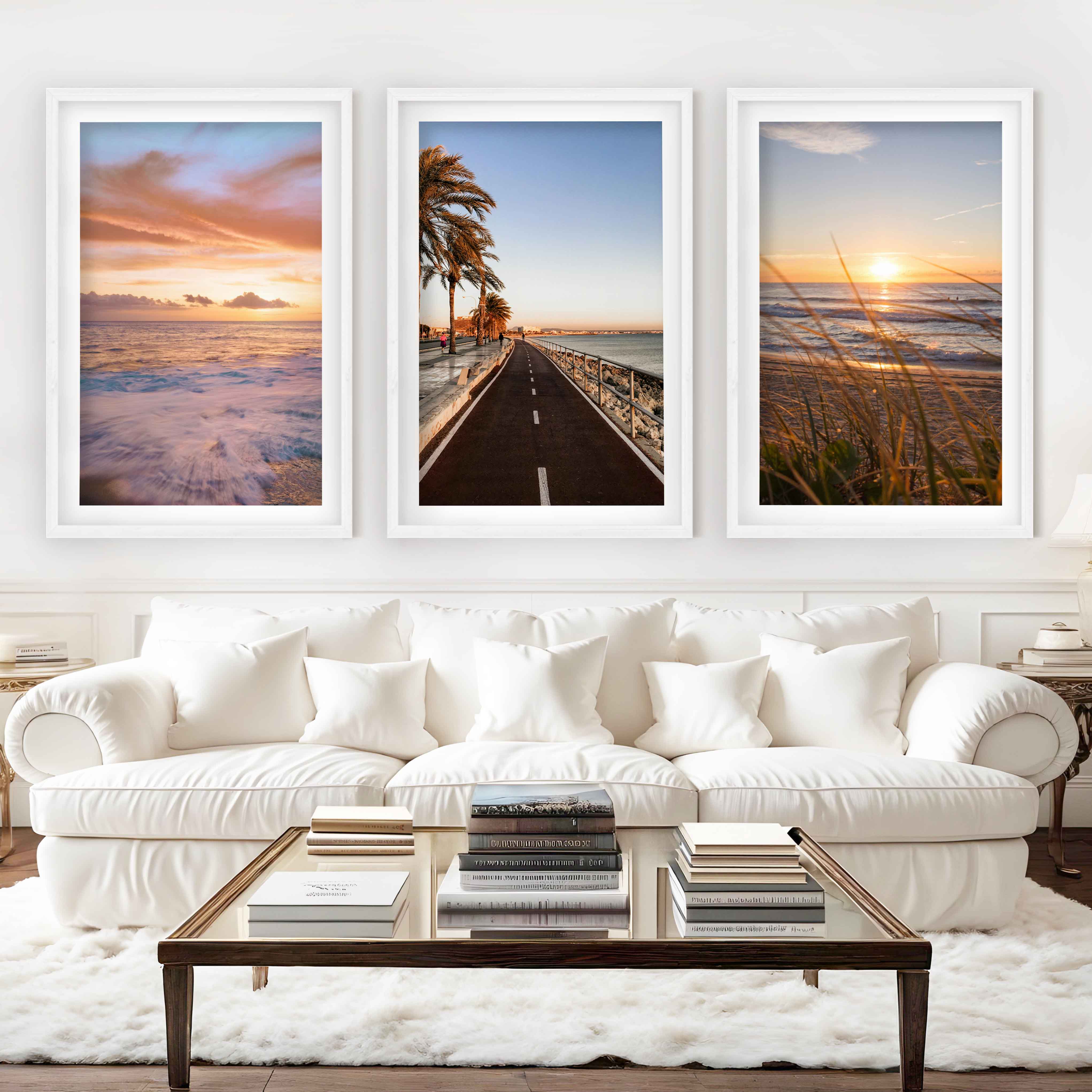 Coastal Artwork Prints – Golden Sunset, Beach Path, Ocean Horizon (Set of 3) - White Framed Poster with White Border - Artworksets