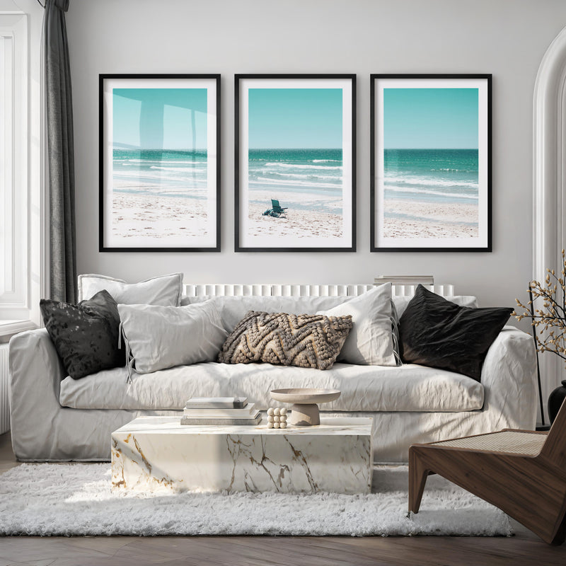 Blue Chair Coastal Beach Art - Black Framed Poster with White Border - Artworksets