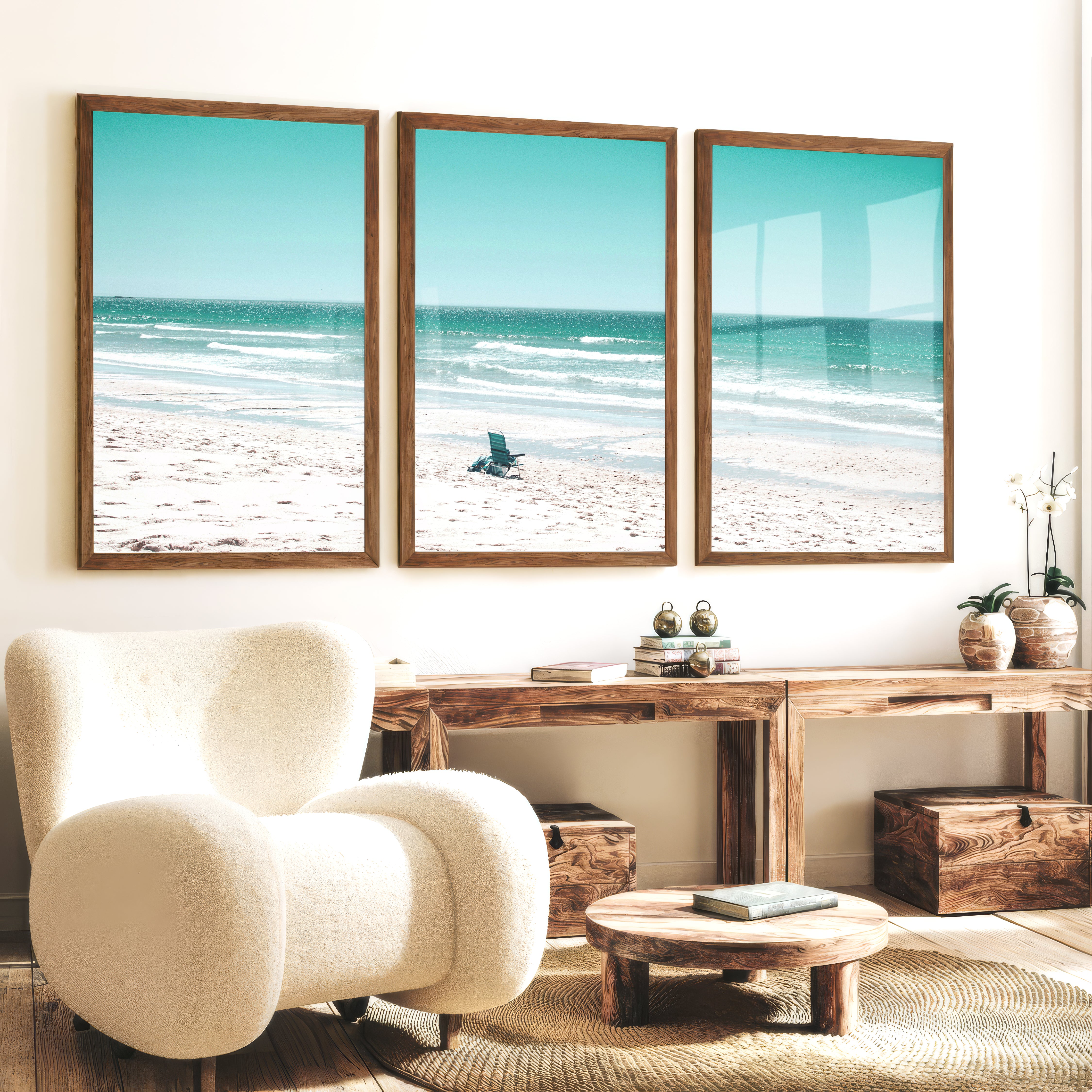 Blue Chair Coastal Beach Art - Dark Brown Framed Poster No Border - Artworksets