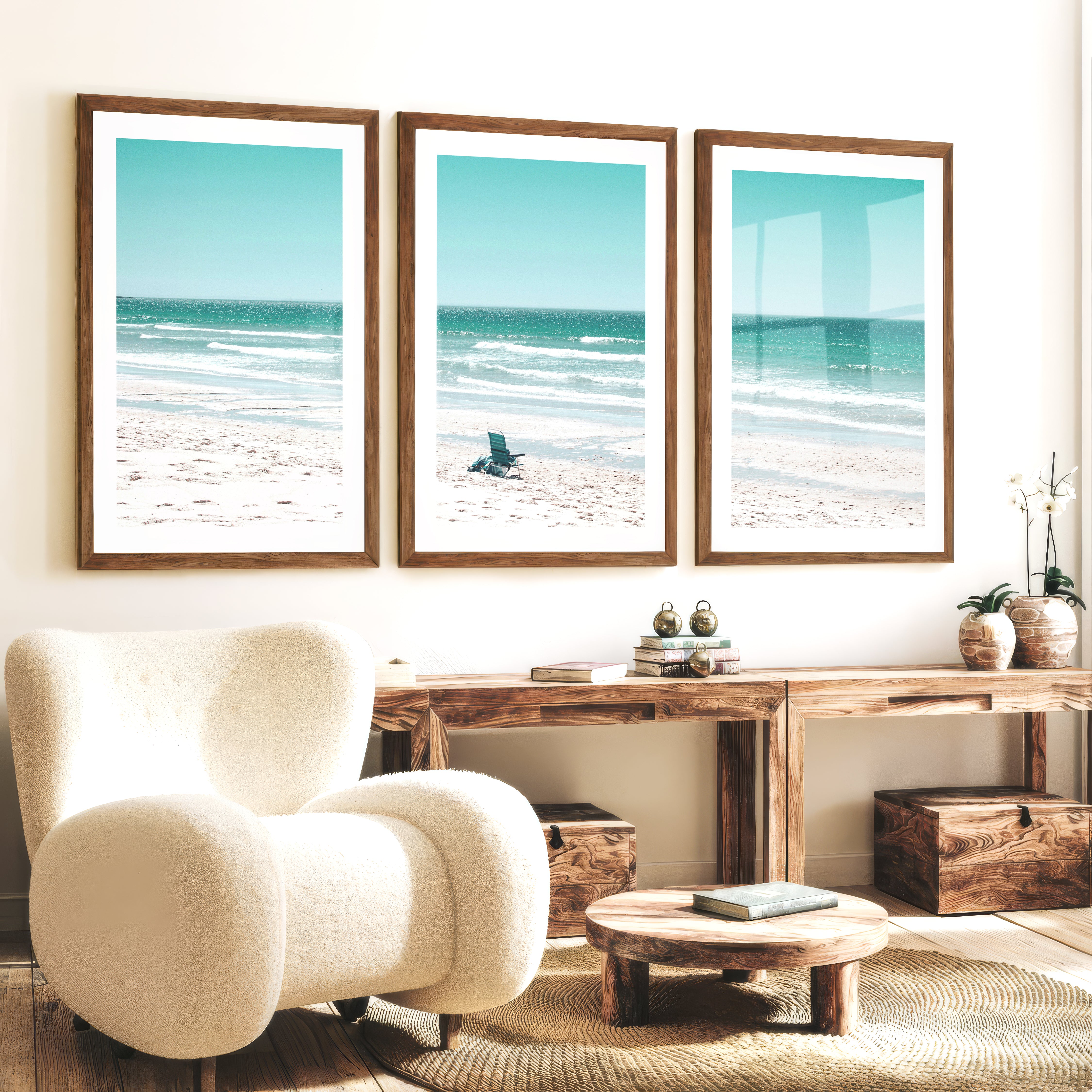 Blue Chair Coastal Beach Art - Dark Brown Framed Poster with White Border - Artworksets