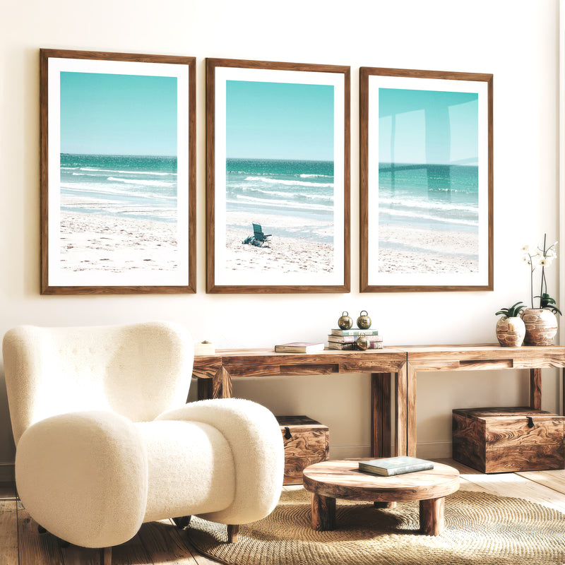 Blue Chair Coastal Beach Art - Dark Brown Framed Poster with White Border - Artworksets