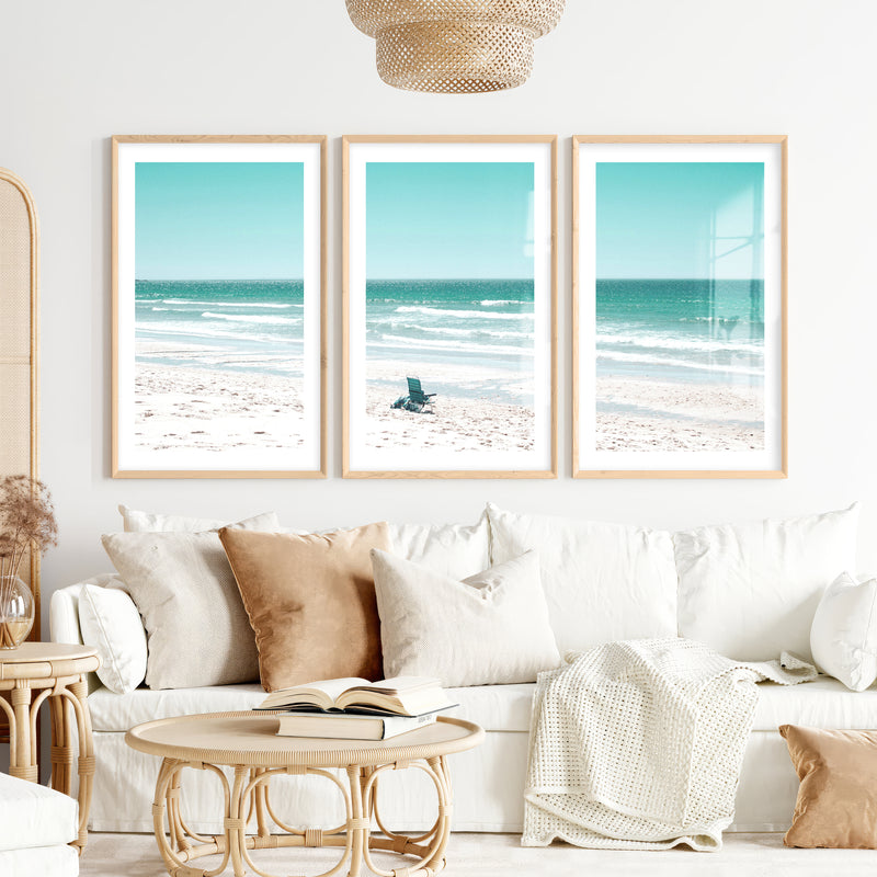 Blue Chair Coastal Beach Art- Natural Wood Framed Poster with White Border - Artworksets