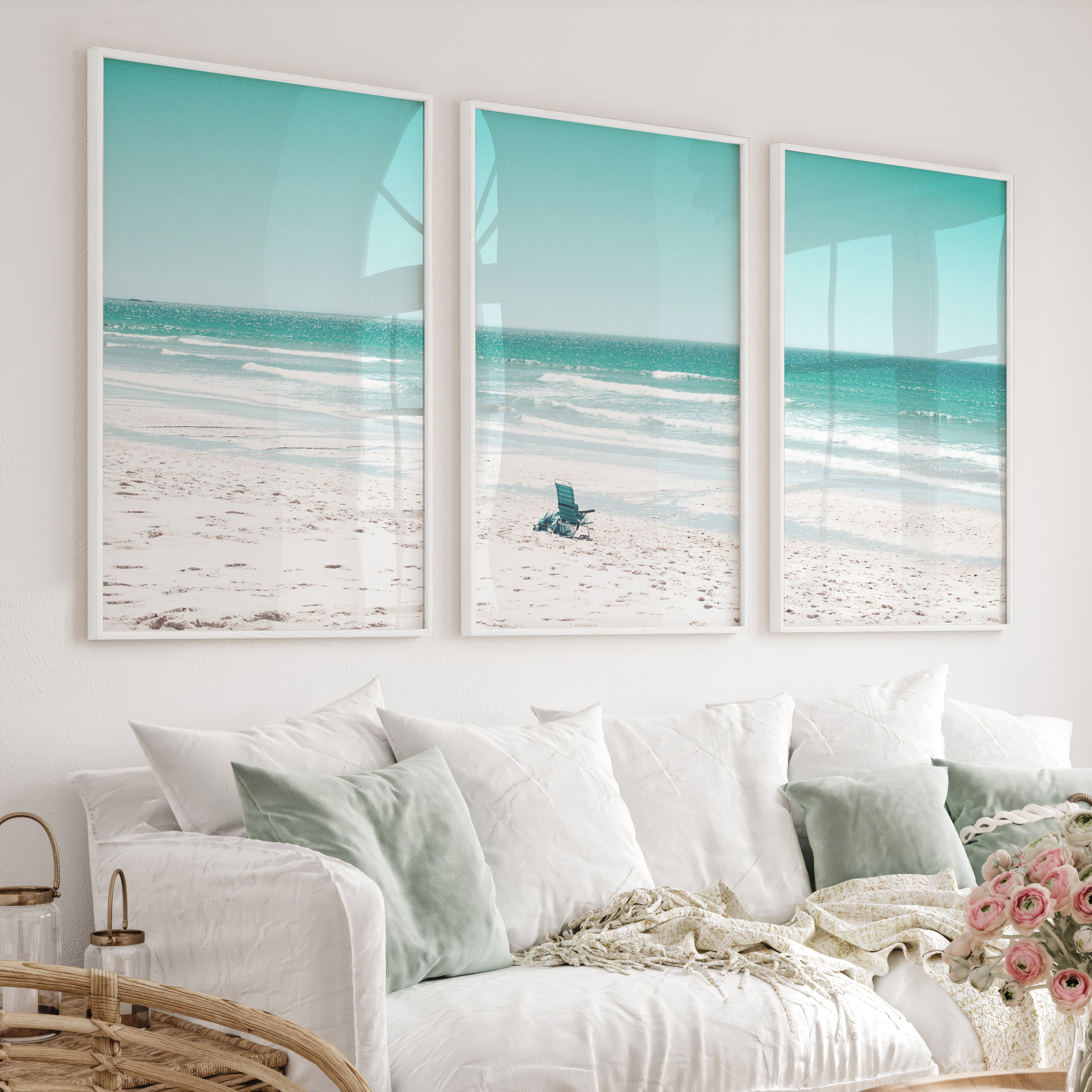Blue Chair Coastal Beach Art - White Framed Poster No Border - Artworksets