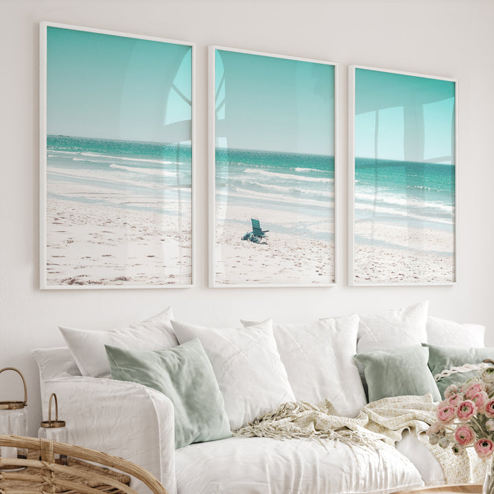Blue Chair Coastal Beach Art - White Framed Poster No Border - Artworksets