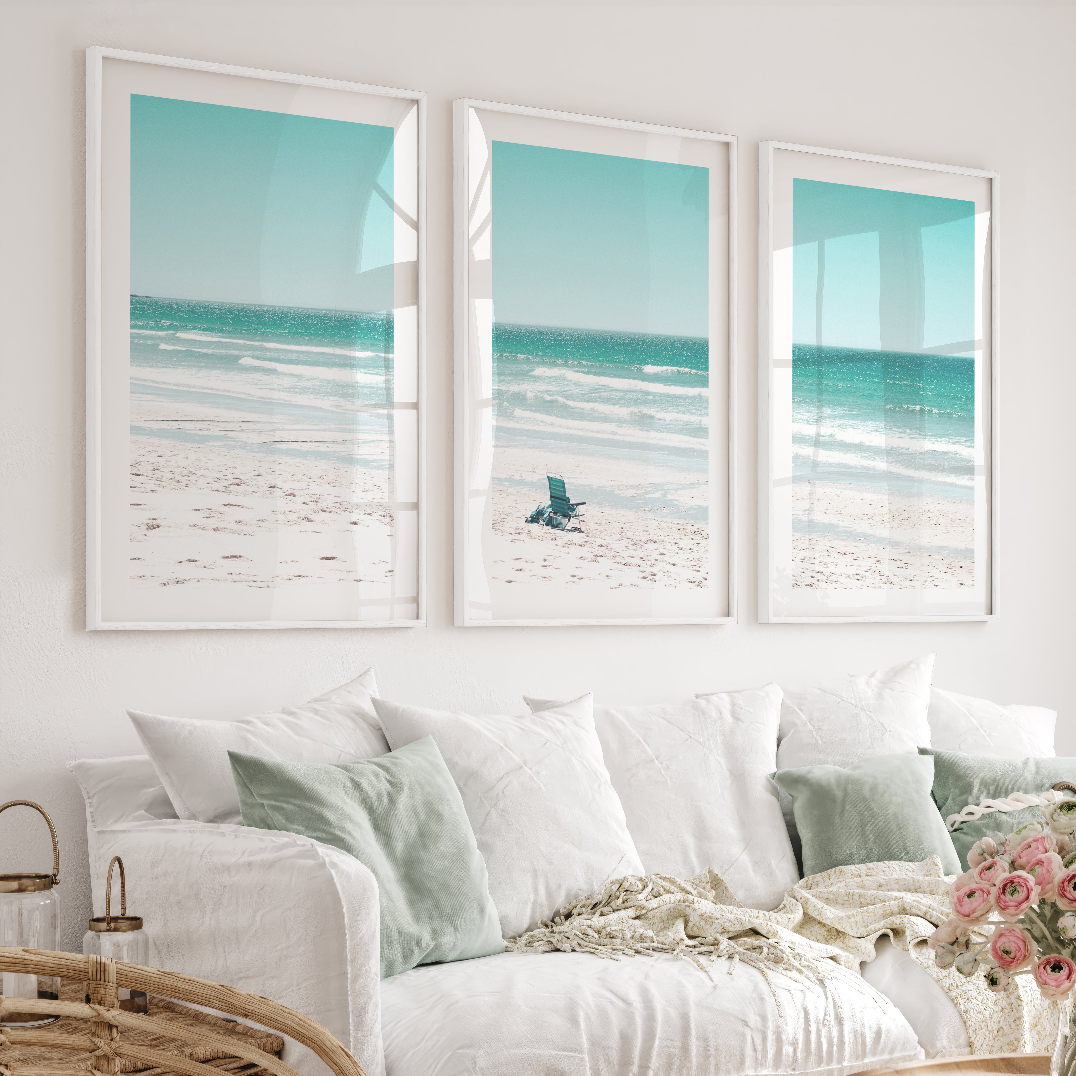 Blue Chair Coastal Beach Art - White Framed Poster with White Border - Artworksets