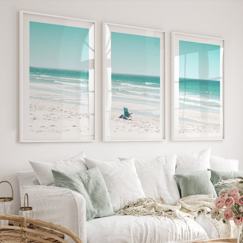 Blue Chair Coastal Beach Art - White Framed Poster with White Border - Artworksets