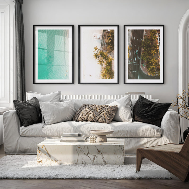 Palm Shore Coastal Beach Art Prints - Black Framed Poster with White Border - Artworksets