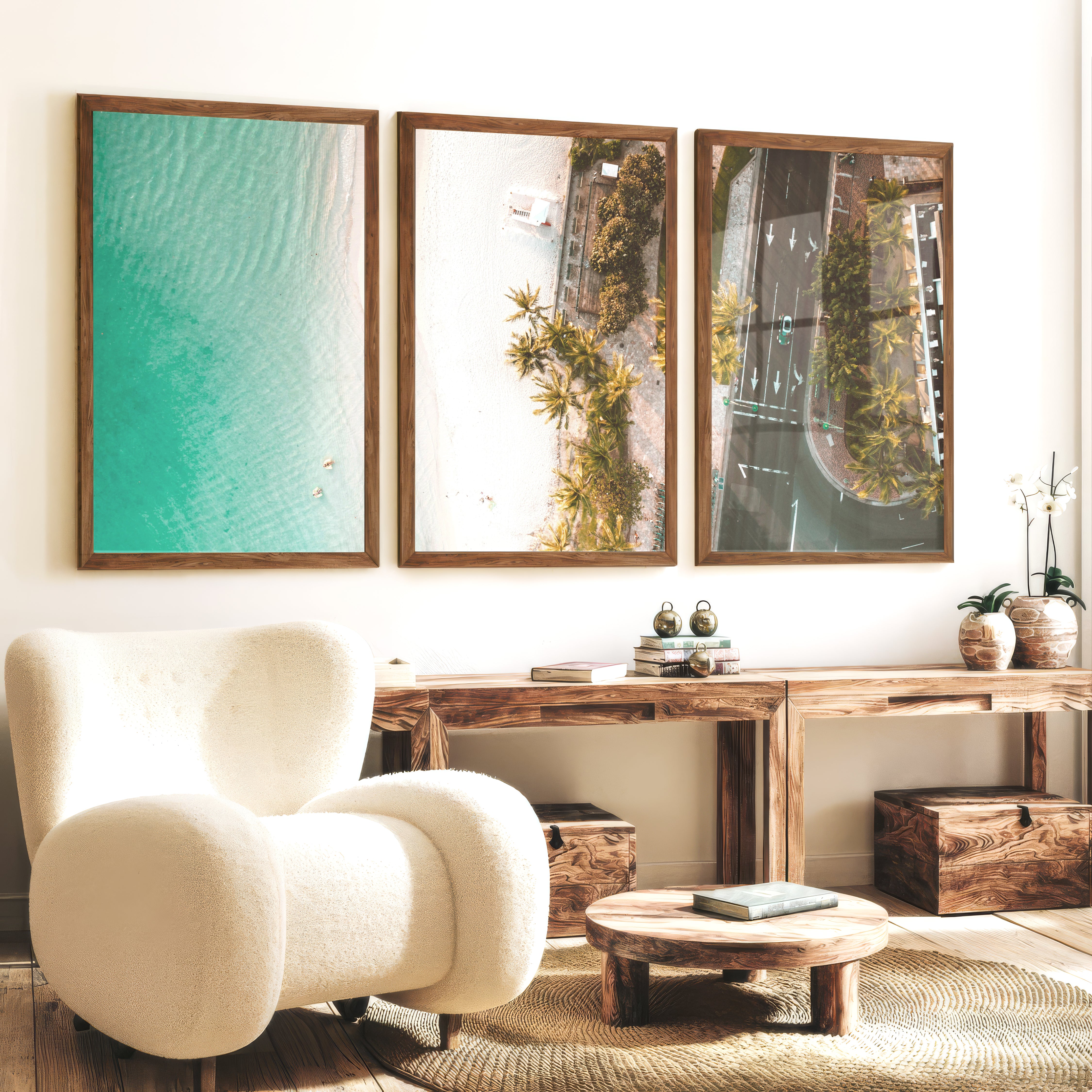 Palm Shore Coastal Beach Art Prints - Dark Brown Framed Poster No Border - Artworksets