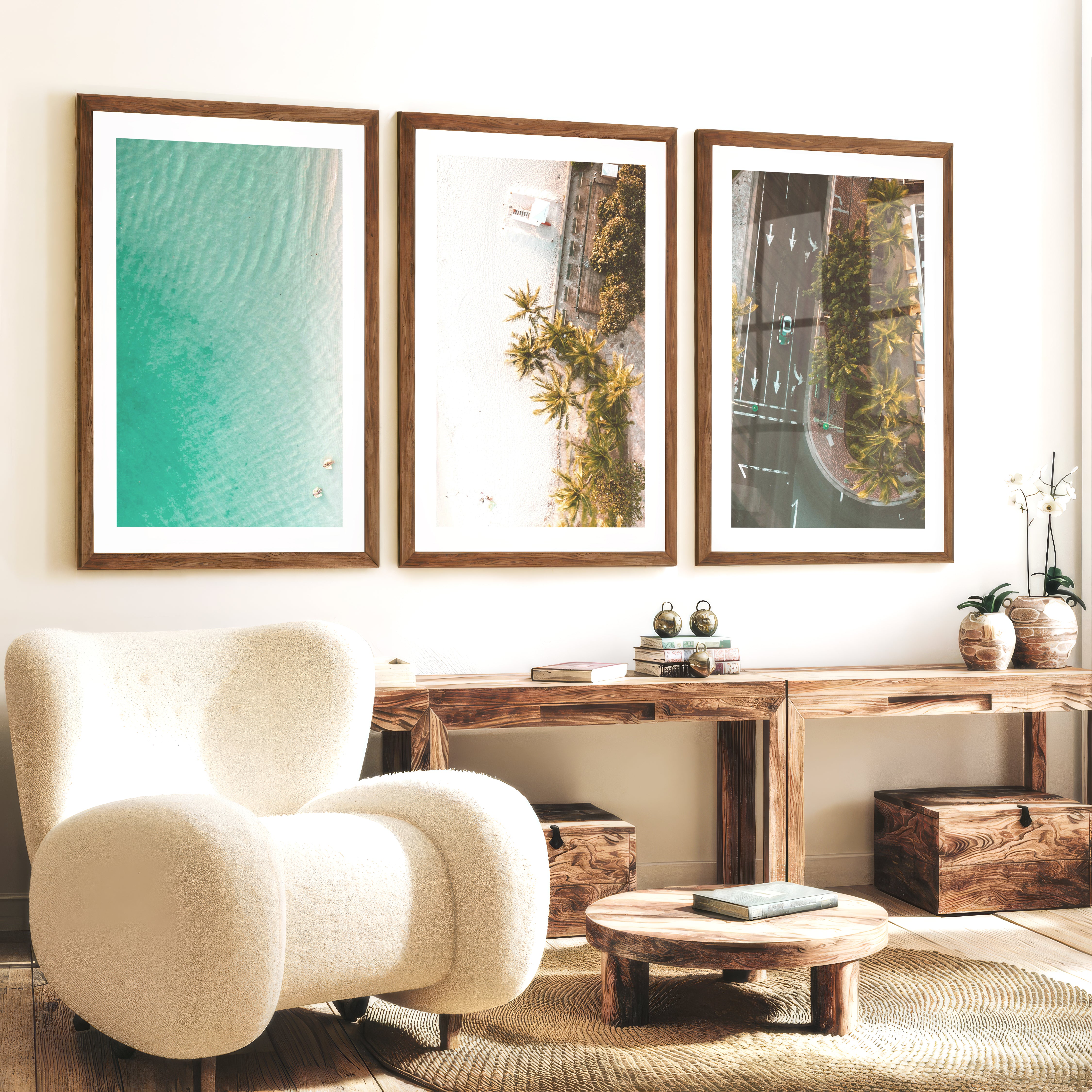 Palm Shore Coastal Beach Art Prints - Dark Brown Framed Poster with White Border - Artworksets
