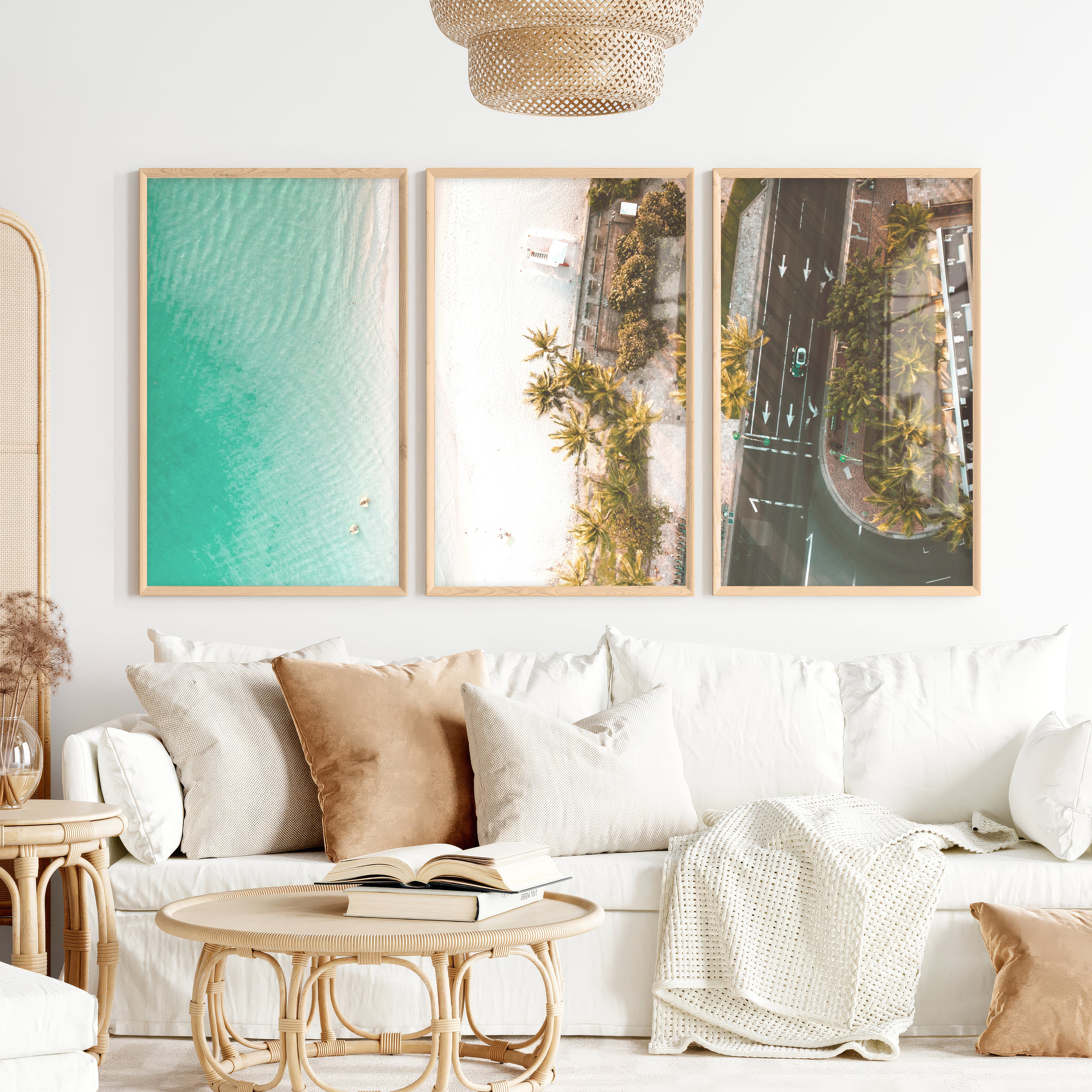 Palm Shore Coastal Beach Art Prints - Natural Wood Framed Poster No Border - Artworksets