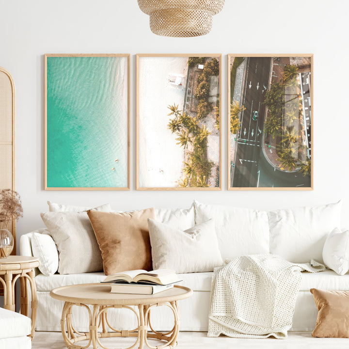 Palm Shore Coastal Beach Art Prints - Natural Wood Framed Poster No Border - Artworksets