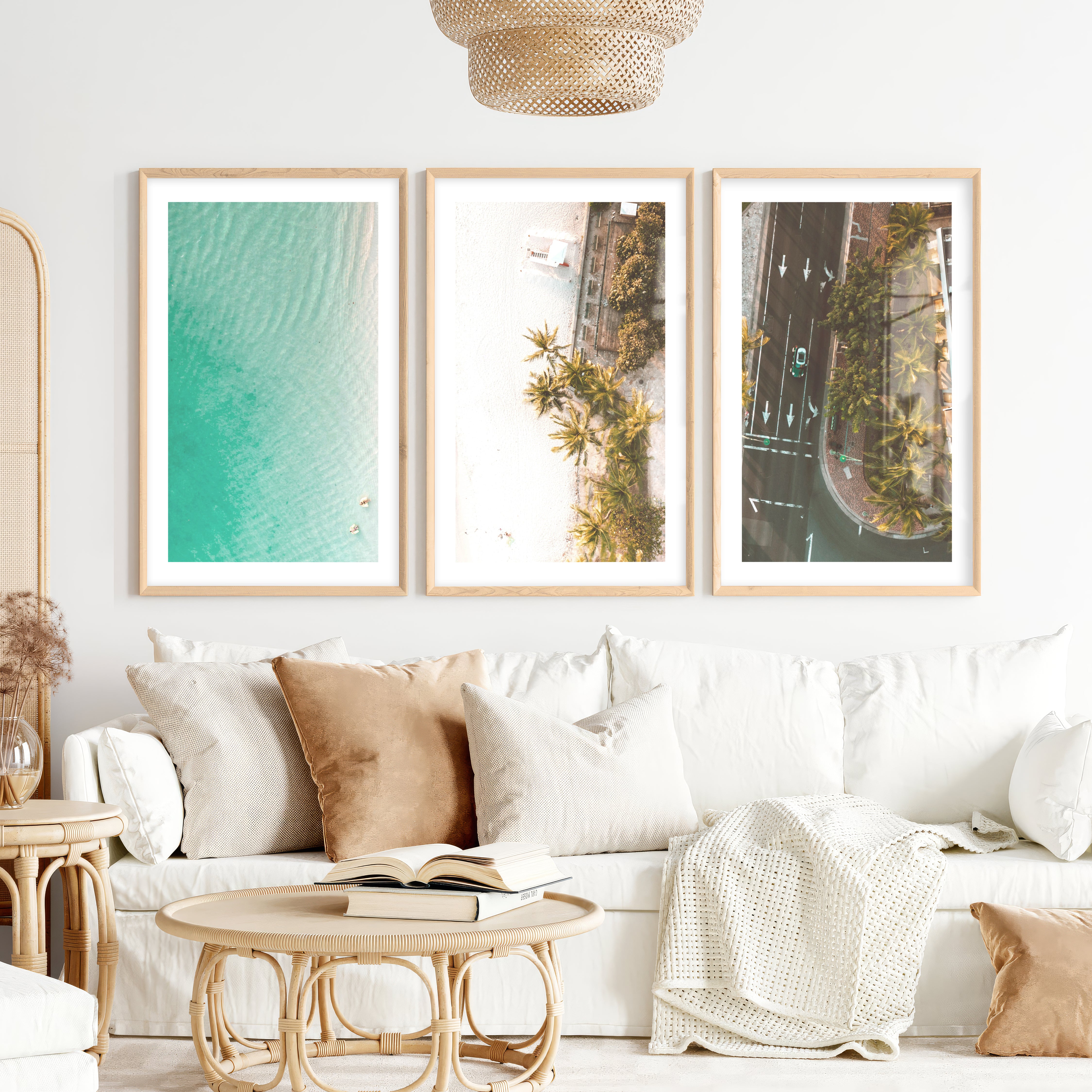 Palm Shore Coastal Beach Art Prints- Natural Wood Framed Poster with White Border - Artworksets