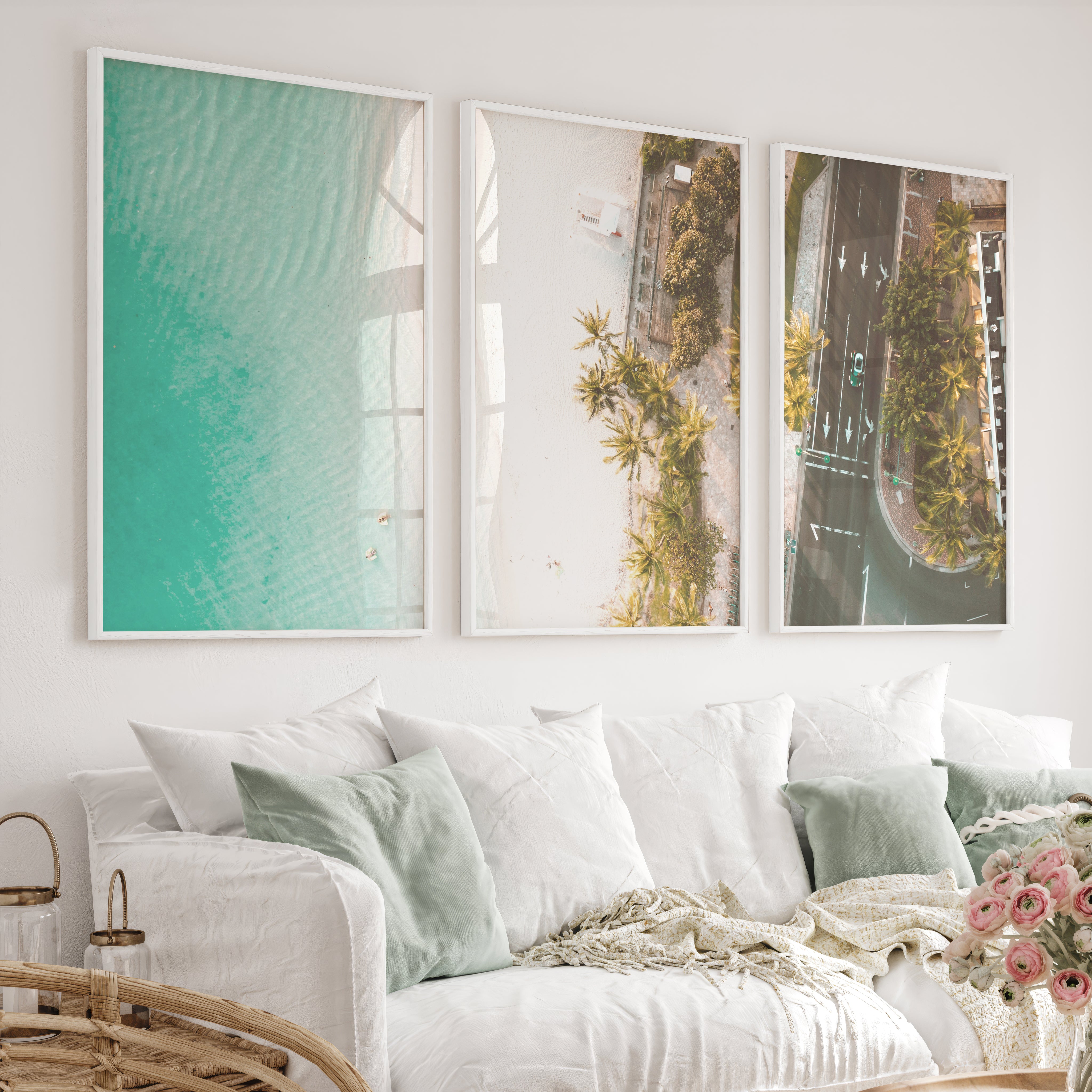 Palm Shore Coastal Beach Art Prints - White Framed Poster No Border - Artworksets