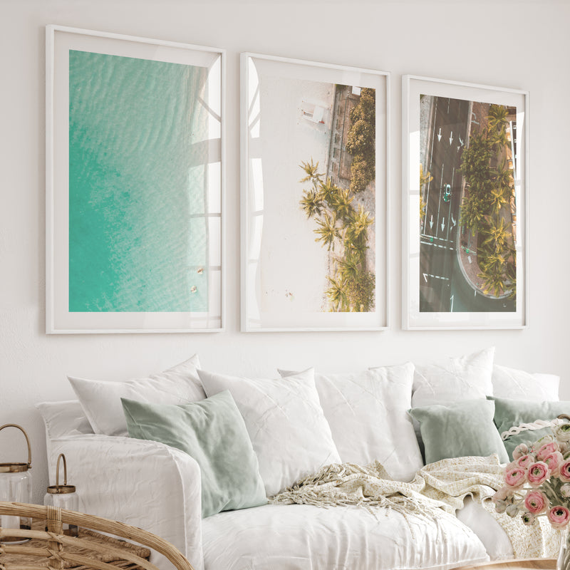 Palm Shore Coastal Beach Art Prints - White Framed Poster with White Border - Artworksets