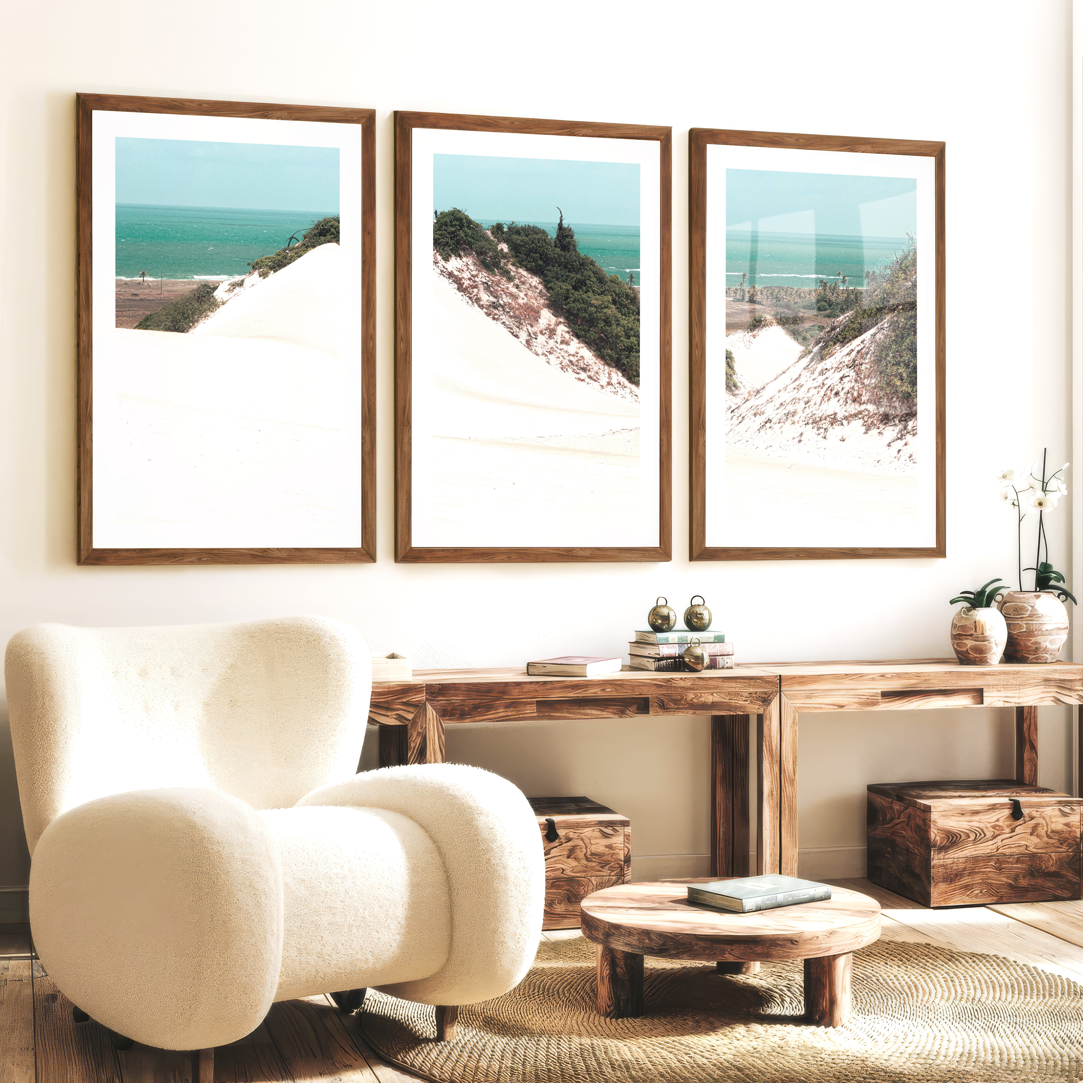 Sand Dune Coastal Beach Art Prints - Dark Brown Framed Poster with White Border - Artworksets