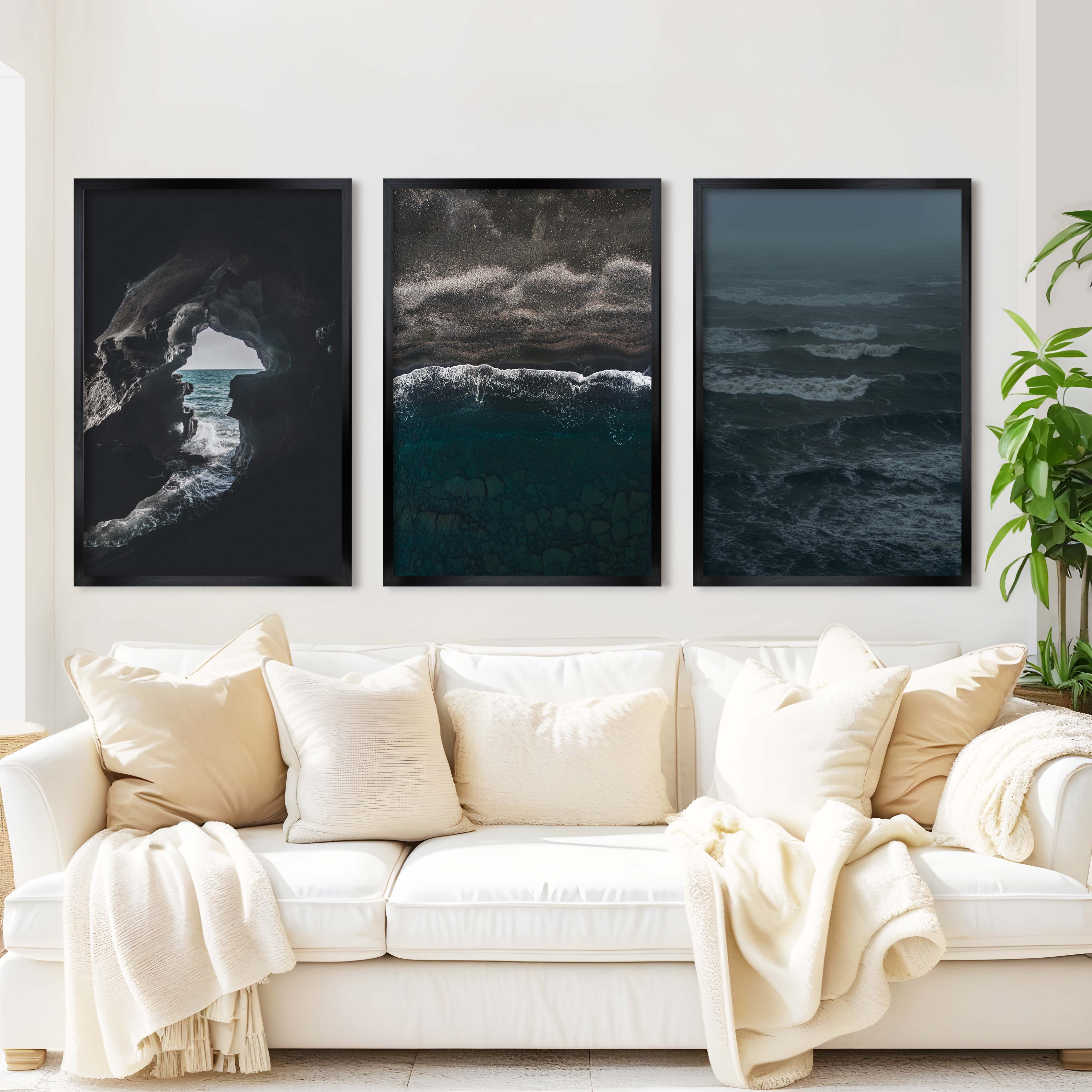 Coastal Beach Prints – Ocean Cave, Black Sand & Stormy Sea (3 Pieces) - Black Framed Poster No Border - Artworksets