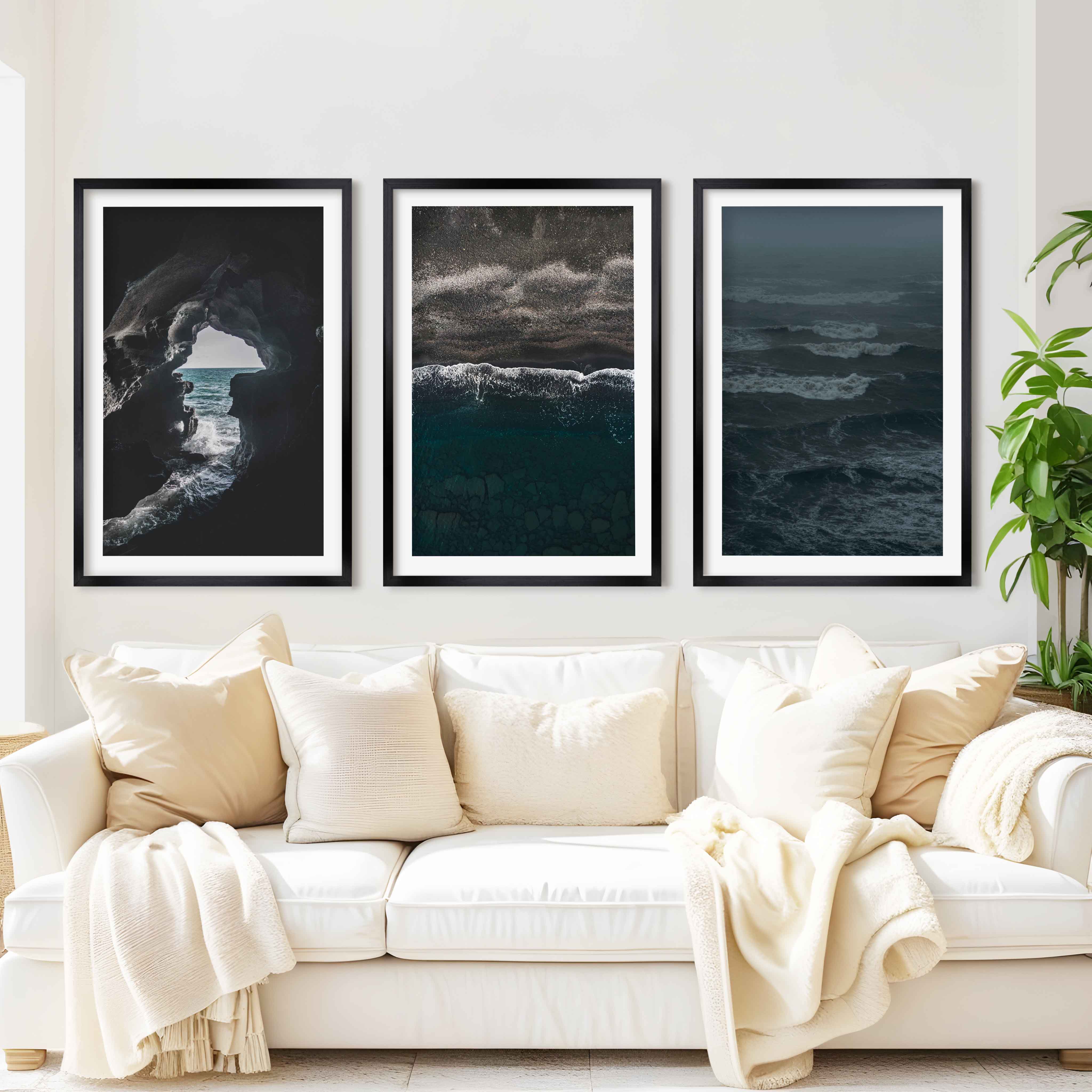 Coastal Beach Prints – Ocean Cave, Black Sand & Stormy Sea (3 Pieces) - Black Framed Poster with White Border - Artworksets
