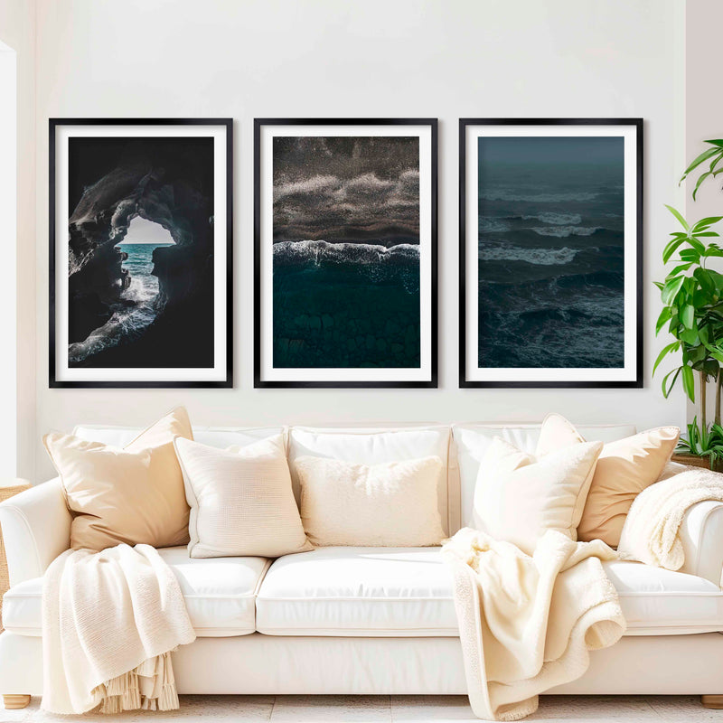 Coastal Beach Prints – Ocean Cave, Black Sand & Stormy Sea (3 Pieces) - Black Framed Poster with White Border - Artworksets