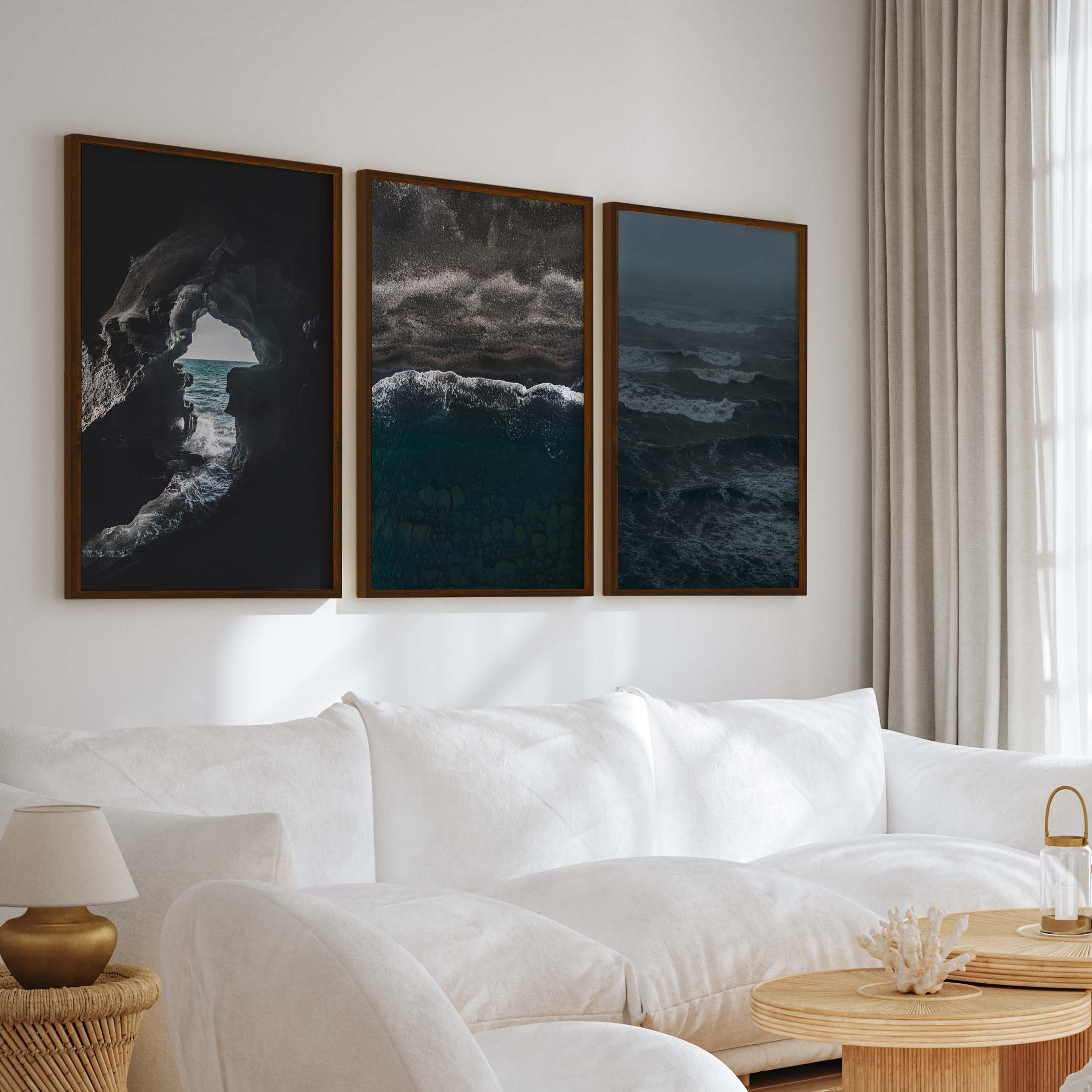 Coastal Beach Prints – Ocean Cave, Black Sand & Stormy Sea (3 Pieces) - Dark Brown Framed Poster No Border - Artworksets