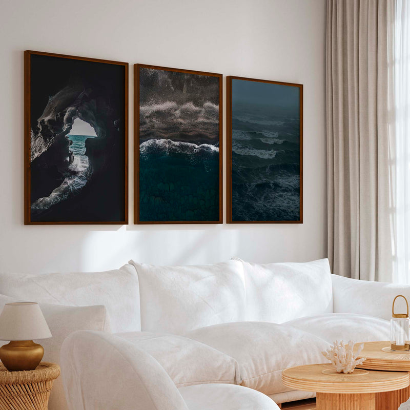 Coastal Beach Prints – Ocean Cave, Black Sand & Stormy Sea (3 Pieces) - Dark Brown Framed Poster No Border - Artworksets