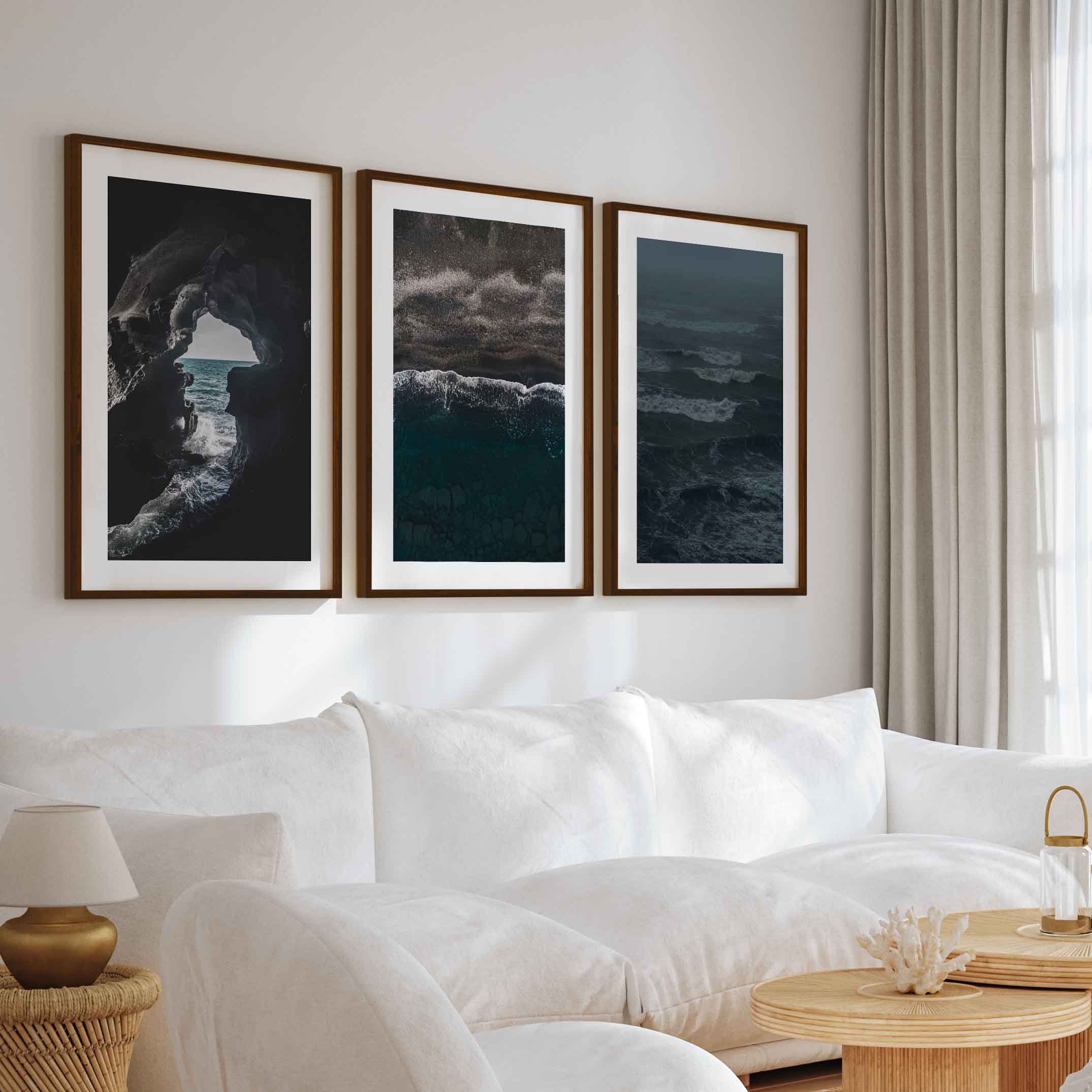 Coastal Beach Prints – Ocean Cave, Black Sand & Stormy Sea (3 Pieces) - Dark Brown Framed Poster with White Border - Artworksets