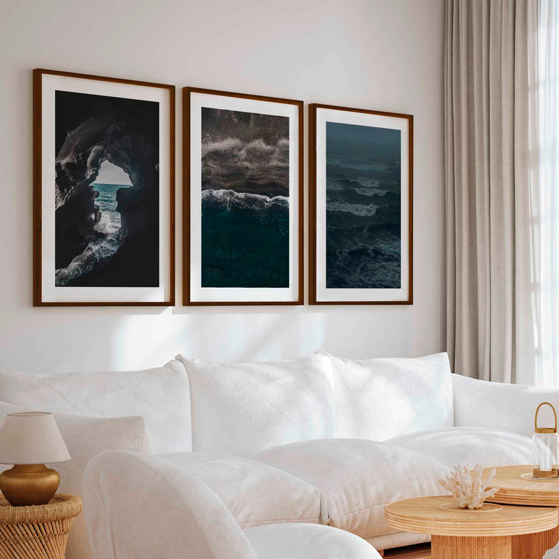 Coastal Beach Prints – Ocean Cave, Black Sand & Stormy Sea (3 Pieces) - Dark Brown Framed Poster with White Border - Artworksets