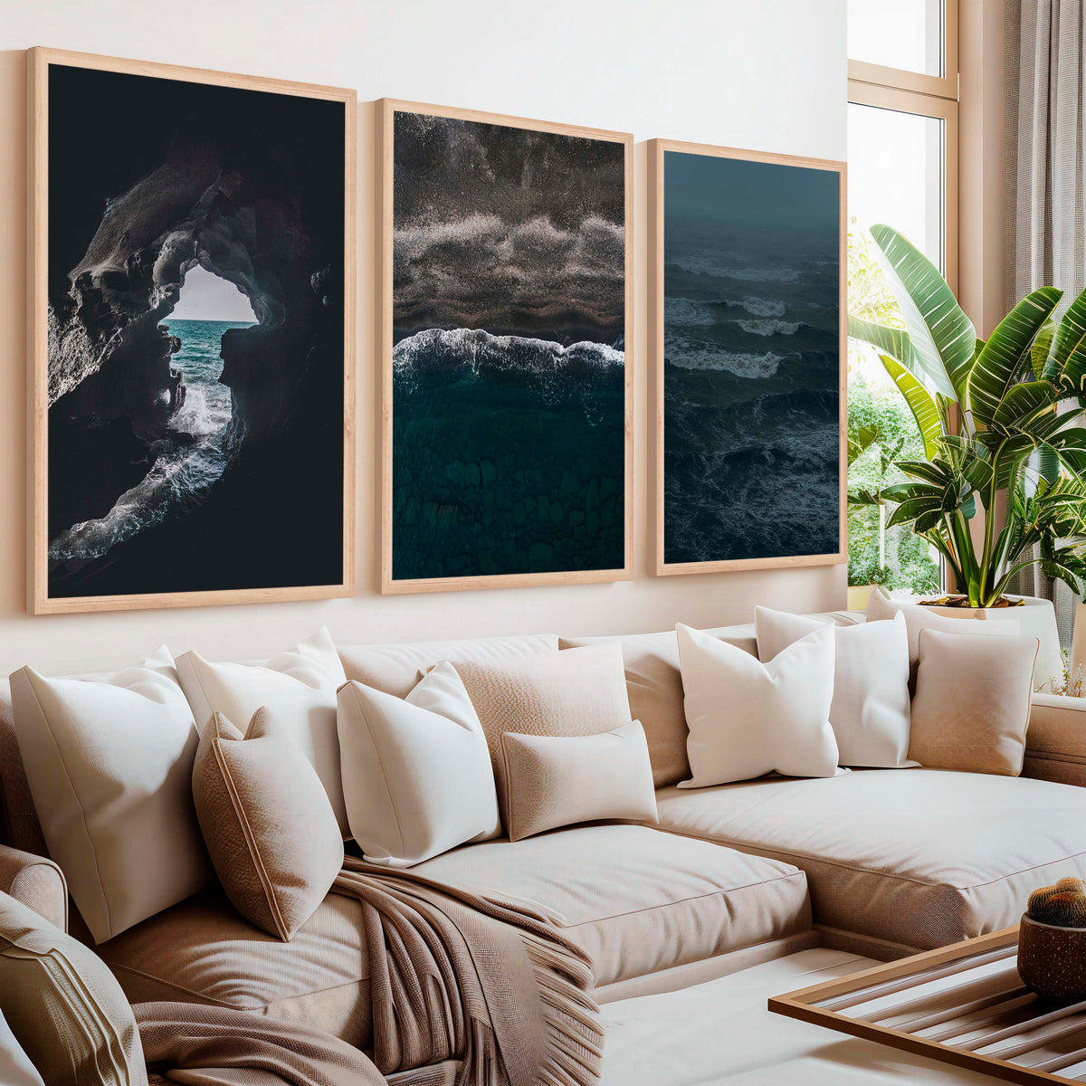 Coastal Beach Prints – Ocean Cave, Black Sand & Stormy Sea (3 Pieces) - Natural Wood Framed Poster No Border - Artworksets