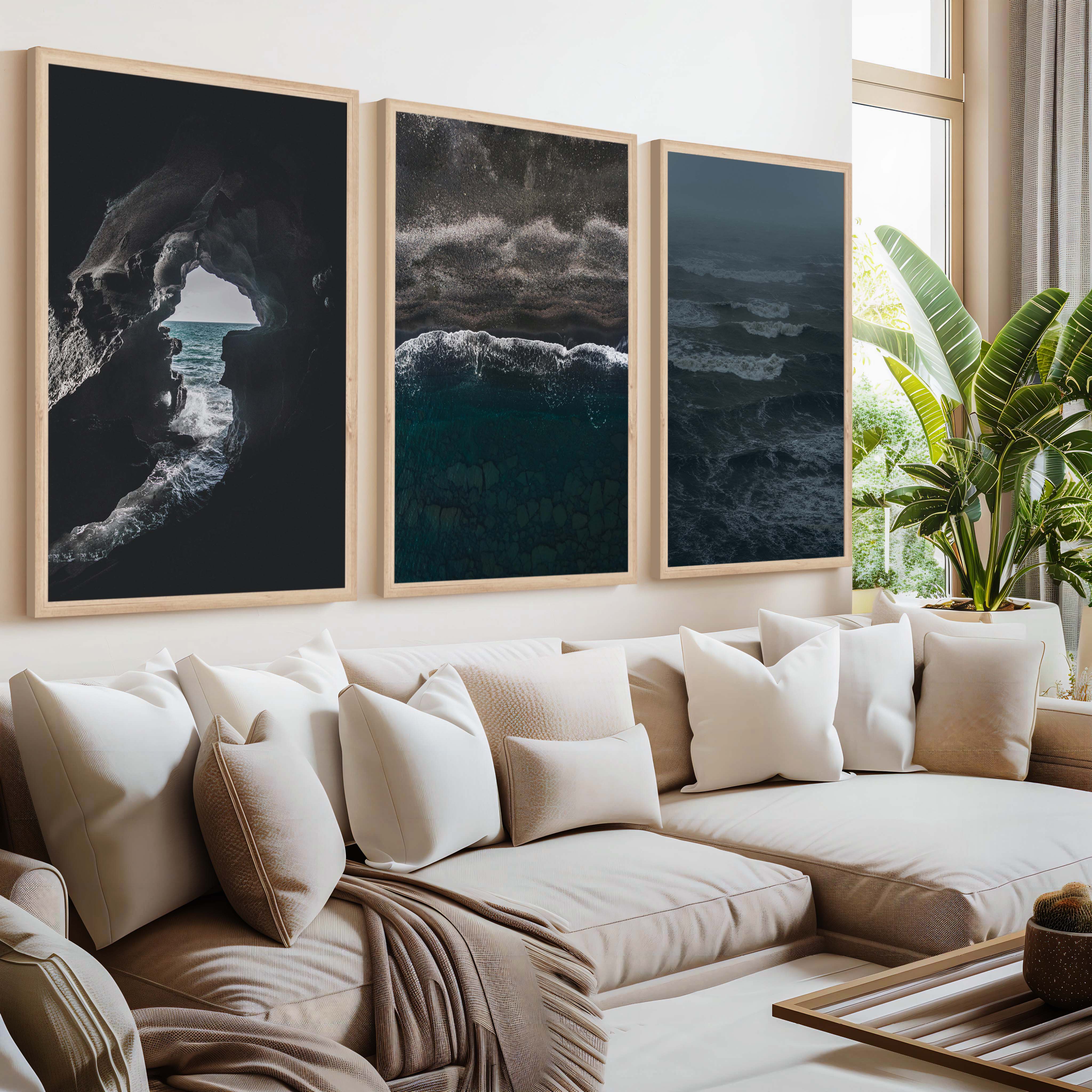 Coastal Beach Prints – Ocean Cave, Black Sand & Stormy Sea (3 Pieces) - Natural Wood Framed Poster No Border - Artworksets