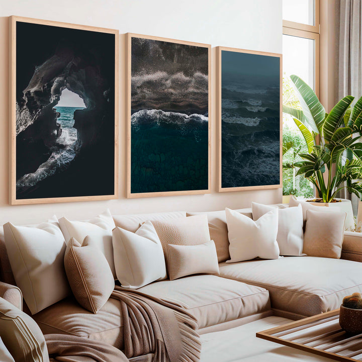 Coastal Beach Prints – Ocean Cave, Black Sand & Stormy Sea (3 Pieces) - Natural Wood Framed Poster No Border - Artworksets